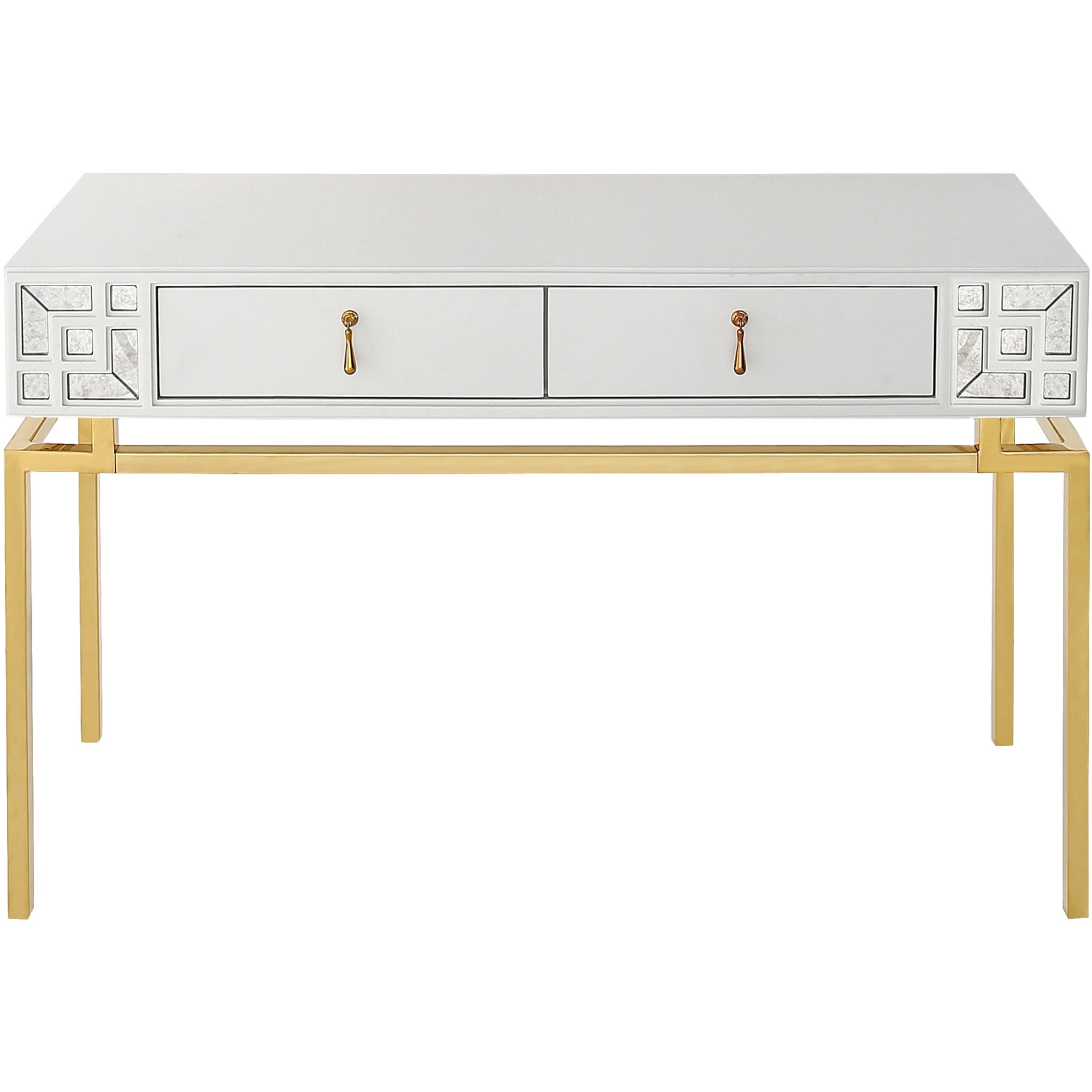 47" White and Gold Mirrored Wood Console Table With Two Drawers-Console Tables-DECOROLALA