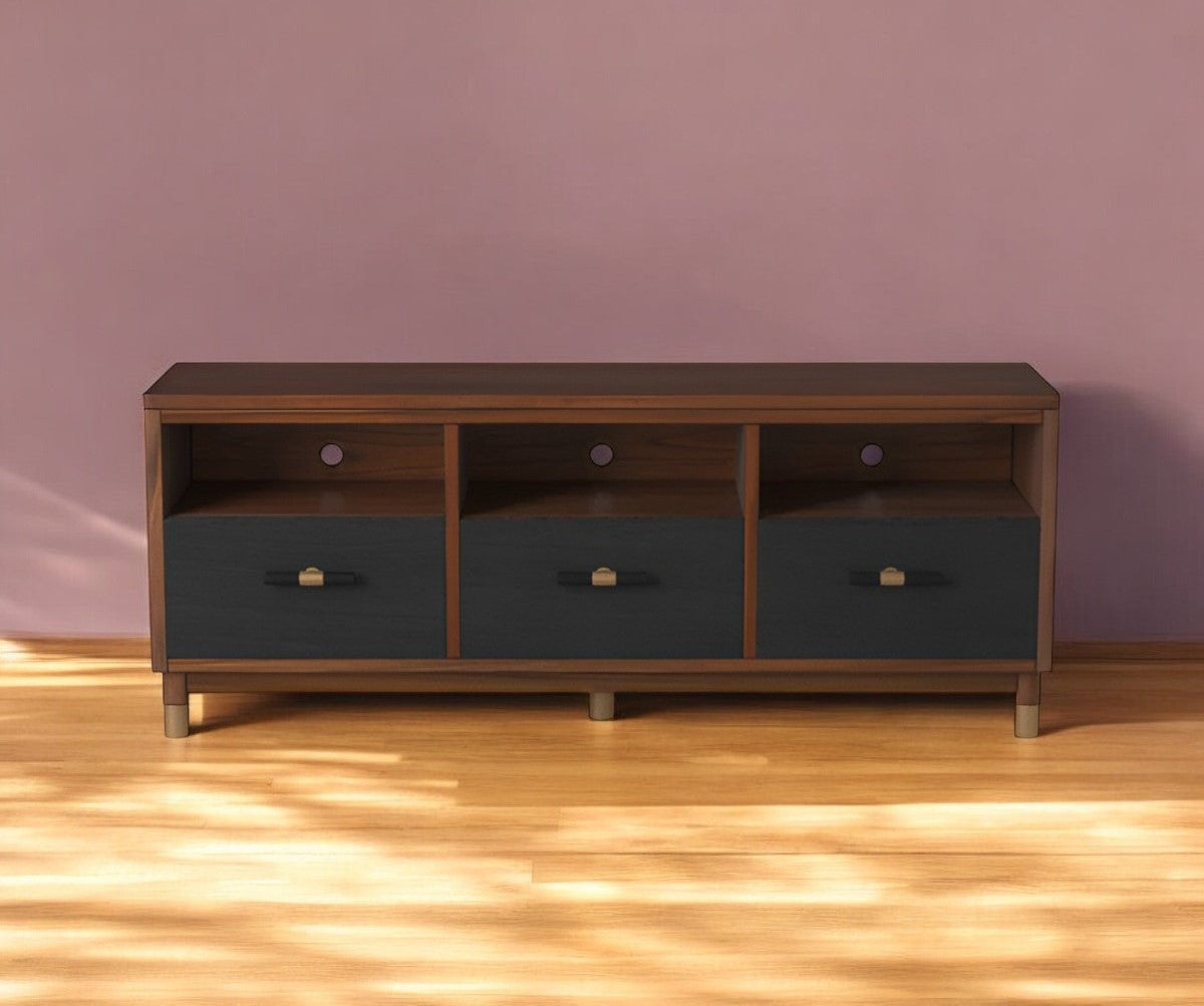 61" Brown and Black Solid Wood Open Shelving TV Stand-TV Stands-DECOROLALA