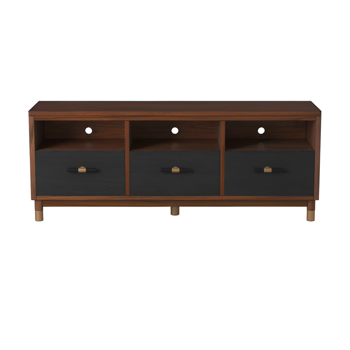 61" Brown and Black Solid Wood Open Shelving TV Stand-TV Stands-DECOROLALA