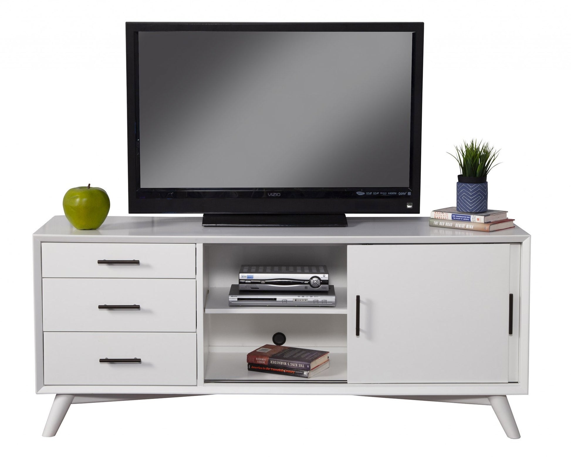 64" White Mahogany Solid Wood Enclosed and Open Storage TV Stand-TV Stands-DECOROLALA