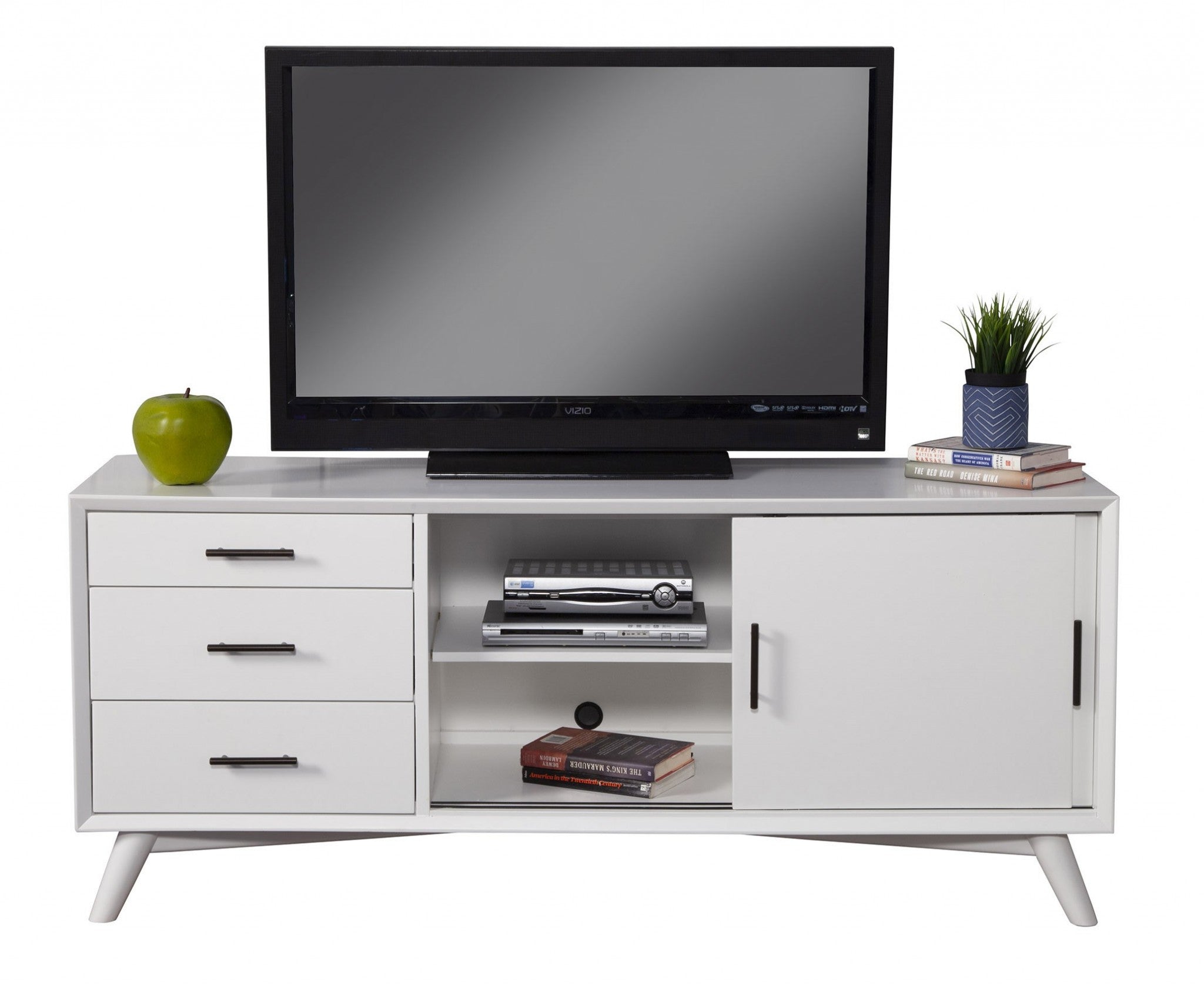 64" White Mahogany Solid Wood Enclosed and Open Storage TV Stand-TV Stands-DECOROLALA