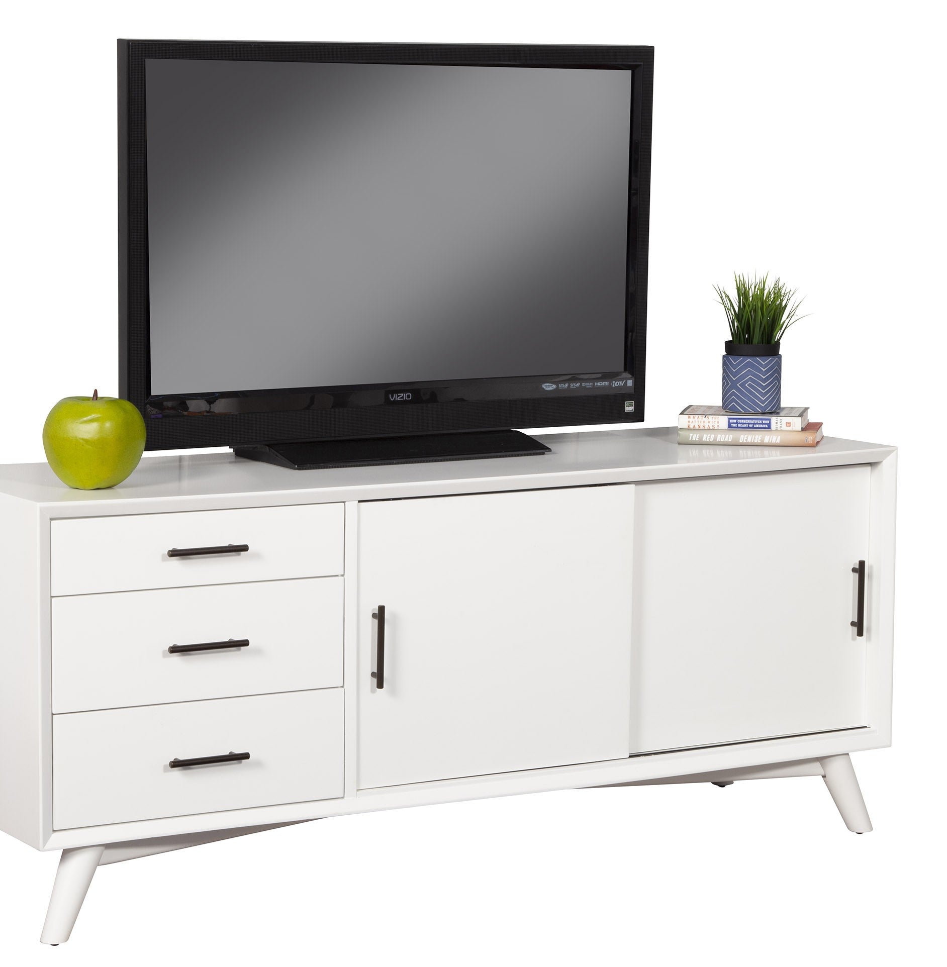 64" White Mahogany Solid Wood Enclosed and Open Storage TV Stand-TV Stands-DECOROLALA