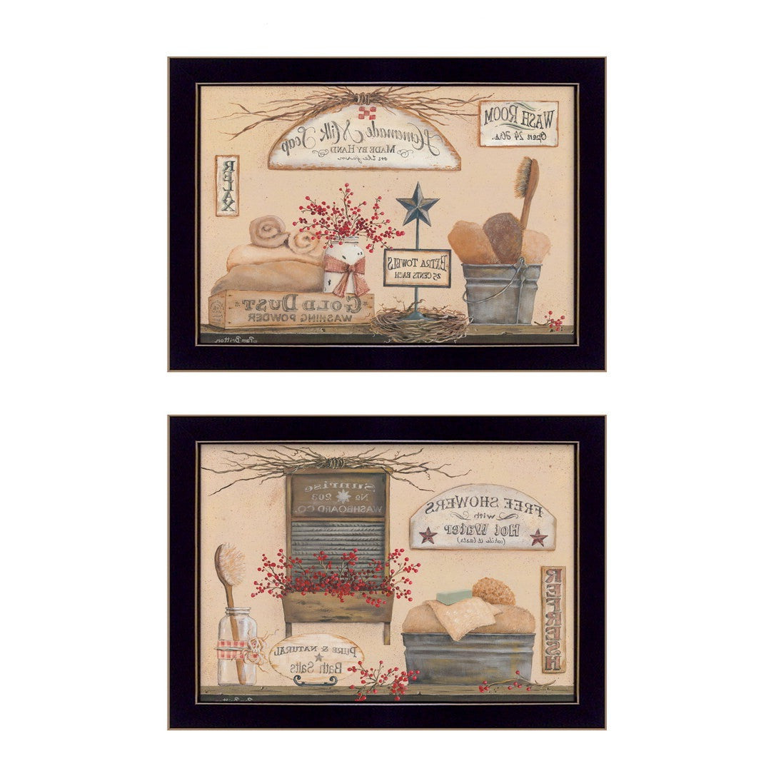Set Of Two Wash Room Black Framed Print Bathroom Wall Art-4