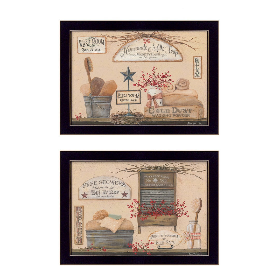 Set Of Two Wash Room Black Framed Print Bathroom Wall Art-1