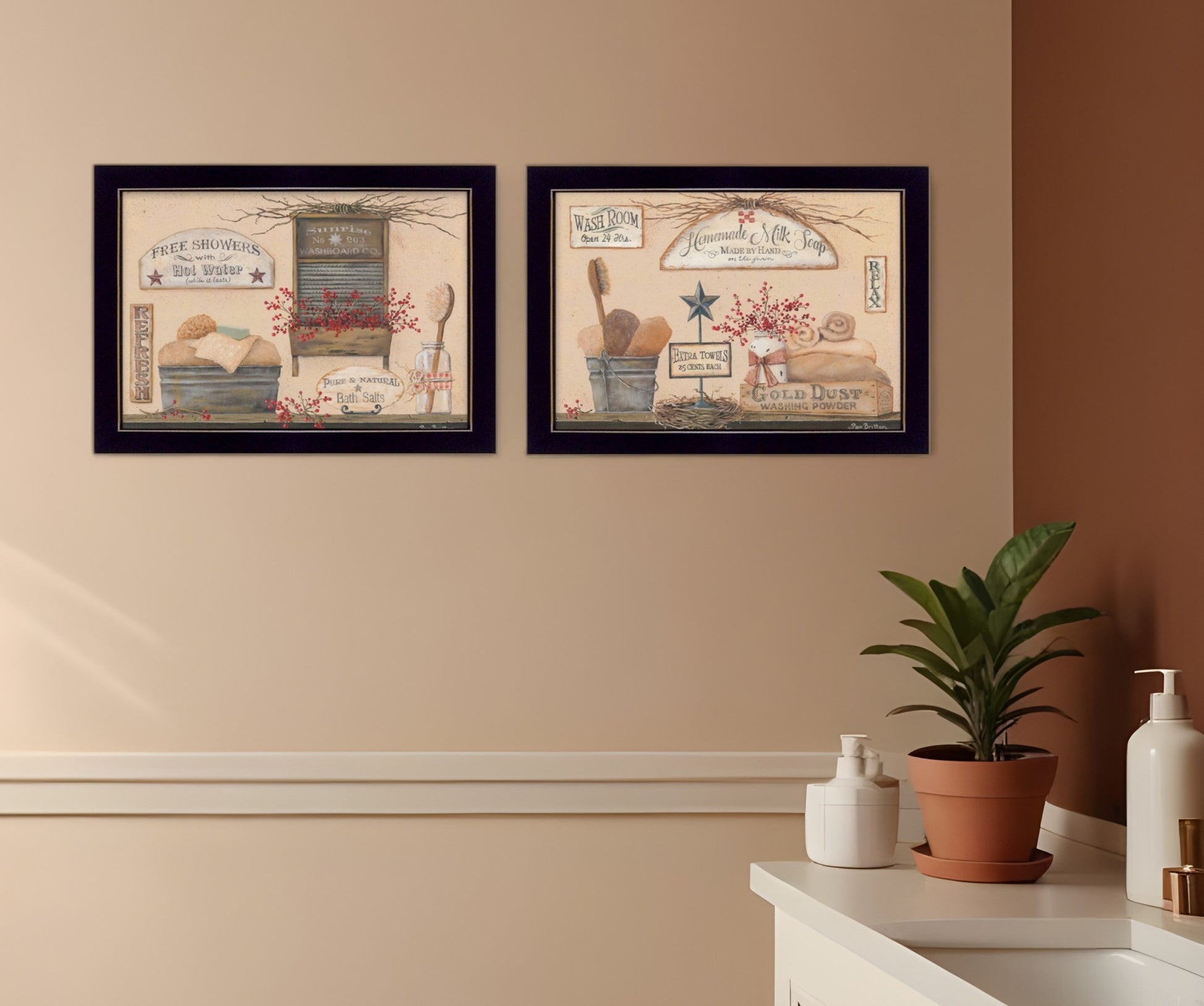 Set Of Two Wash Room Black Framed Print Bathroom Wall Art-0