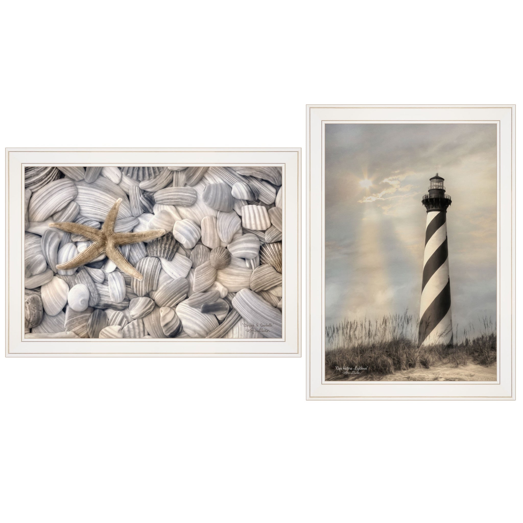 Set Of Two Cape Hatteras Lighthouse and Sea Shells 3 White Framed Print Wall Art-1