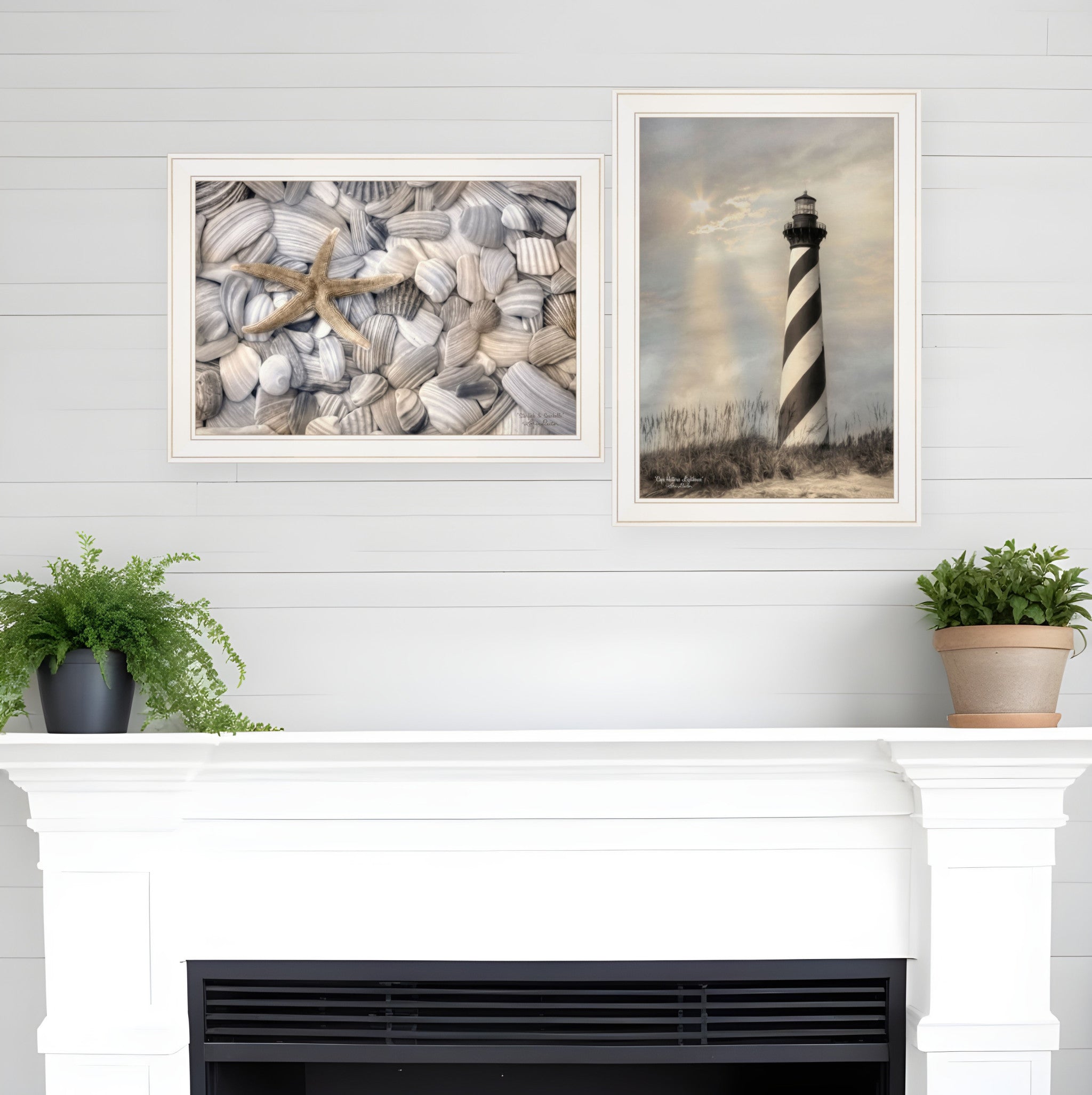 Set Of Two Cape Hatteras Lighthouse and Sea Shells 3 White Framed Print Wall Art-0