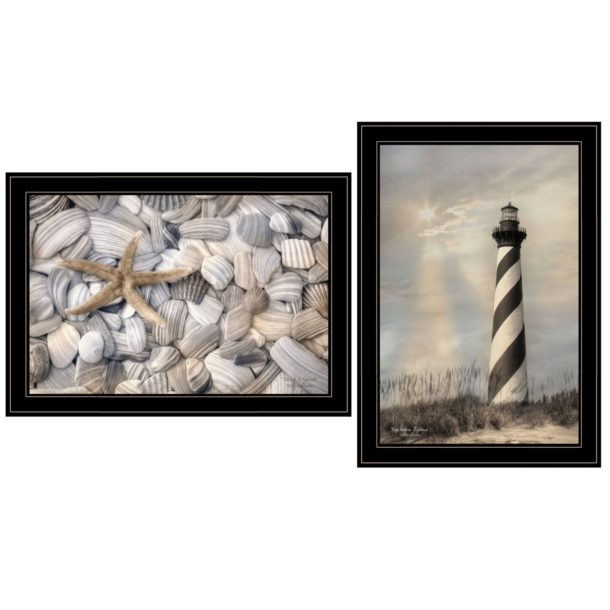Set Of Two Cape Hatteras Lighthouse and Sea Shells 4 Black Framed Print Wall Art-1