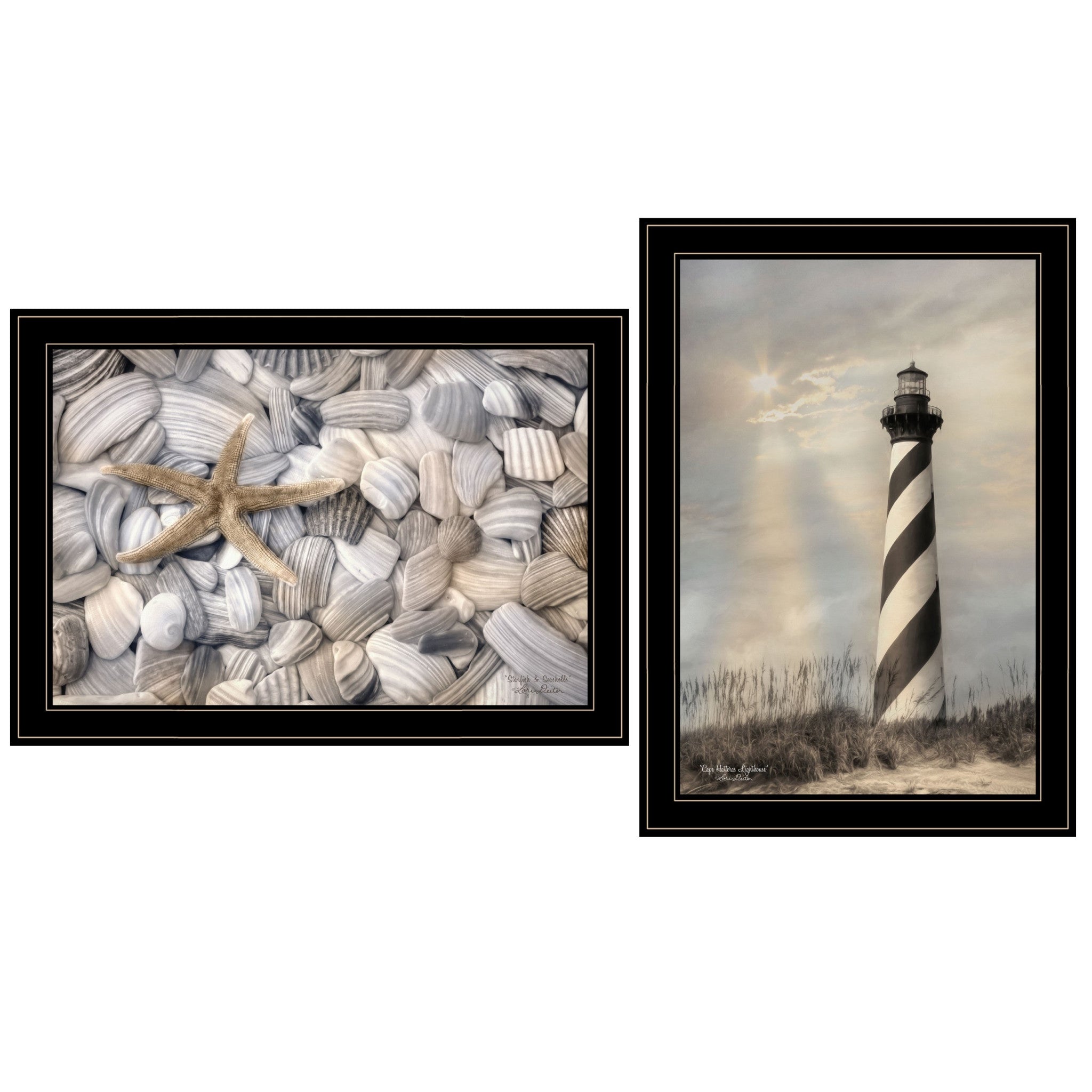 Set Of Two Cape Hatteras Lighthouse and Sea Shells 4 Black Framed Print Wall Art-1