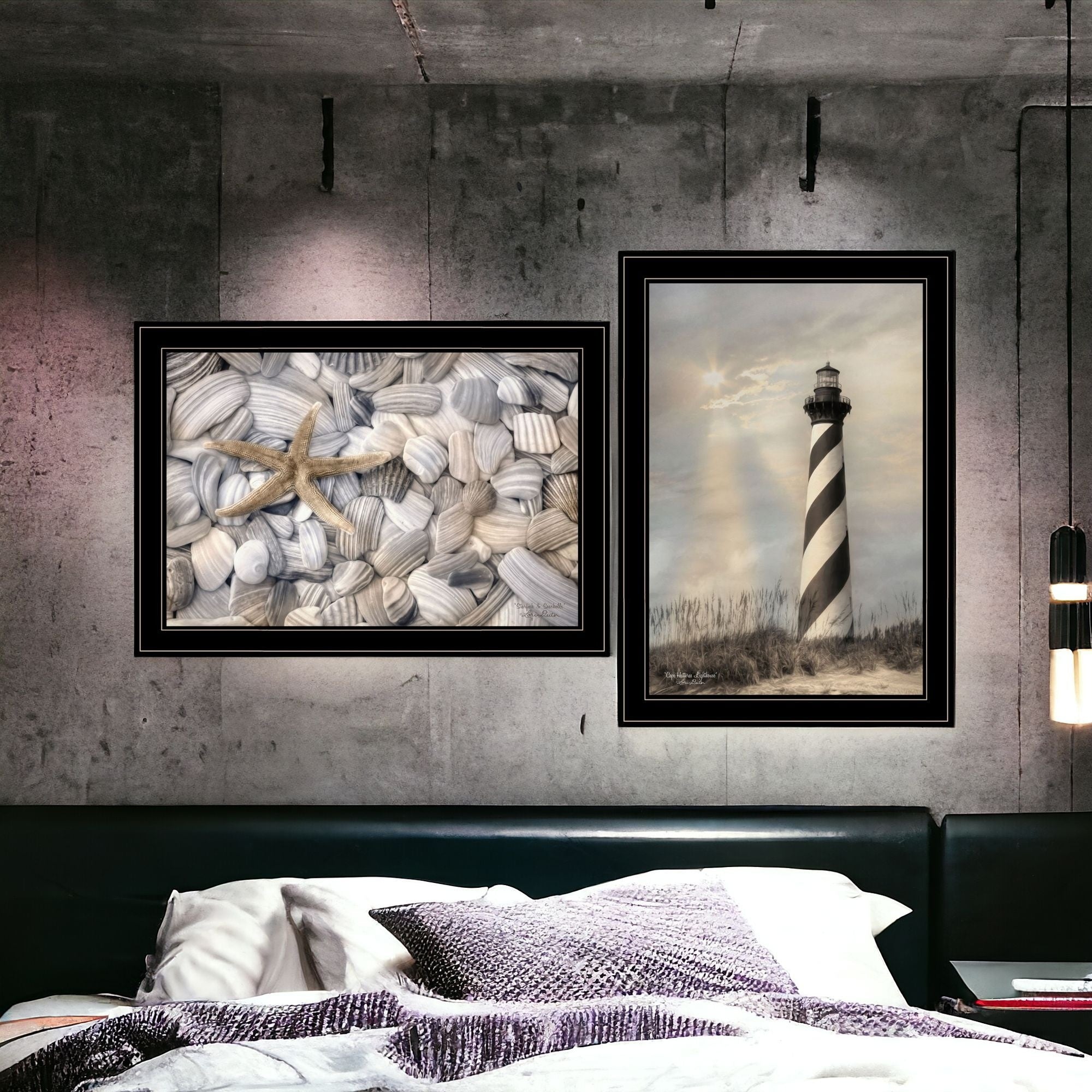 Set Of Two Cape Hatteras Lighthouse and Sea Shells 4 Black Framed Print Wall Art-6