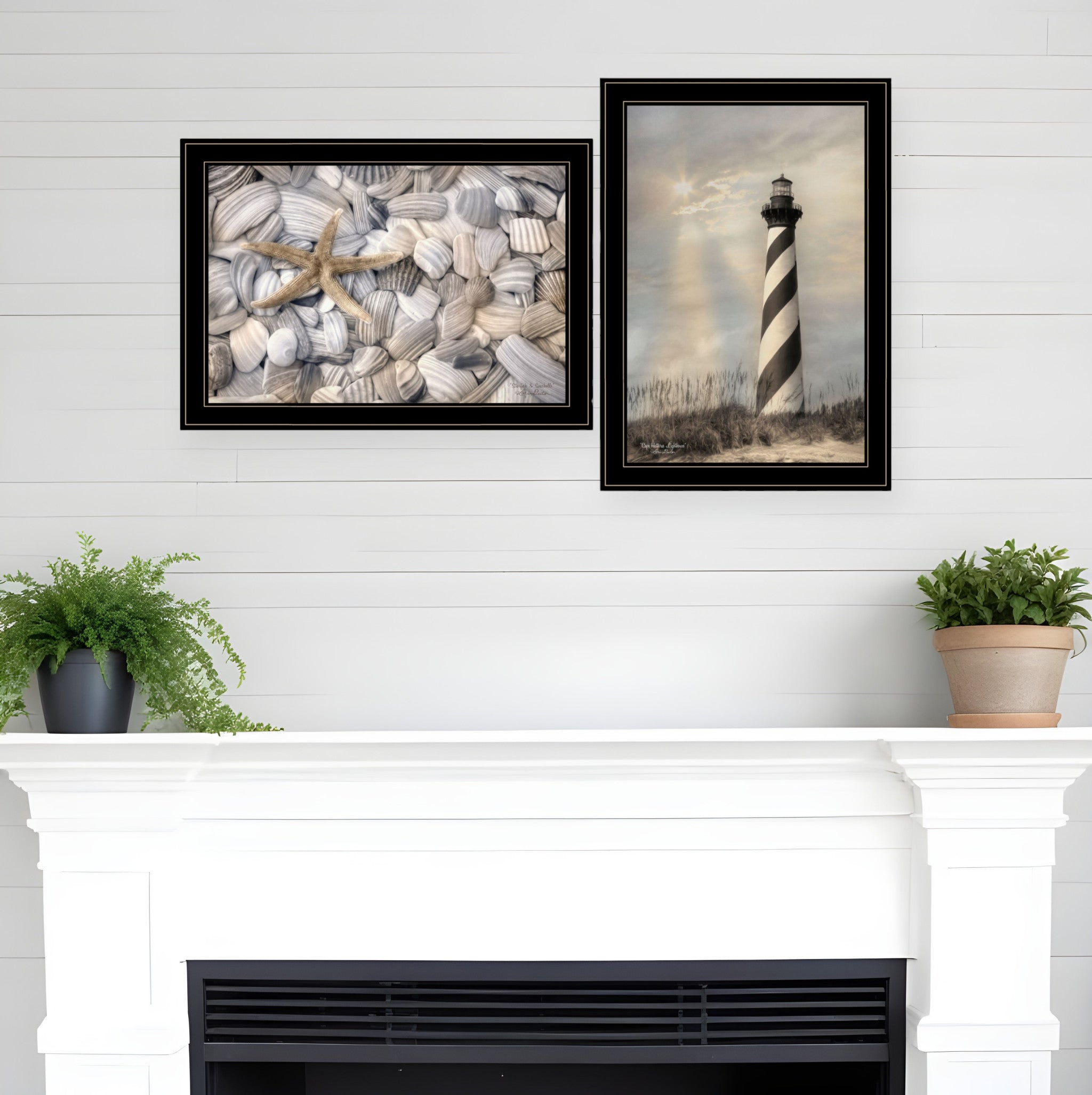 Set Of Two Cape Hatteras Lighthouse and Sea Shells 4 Black Framed Print Wall Art-0