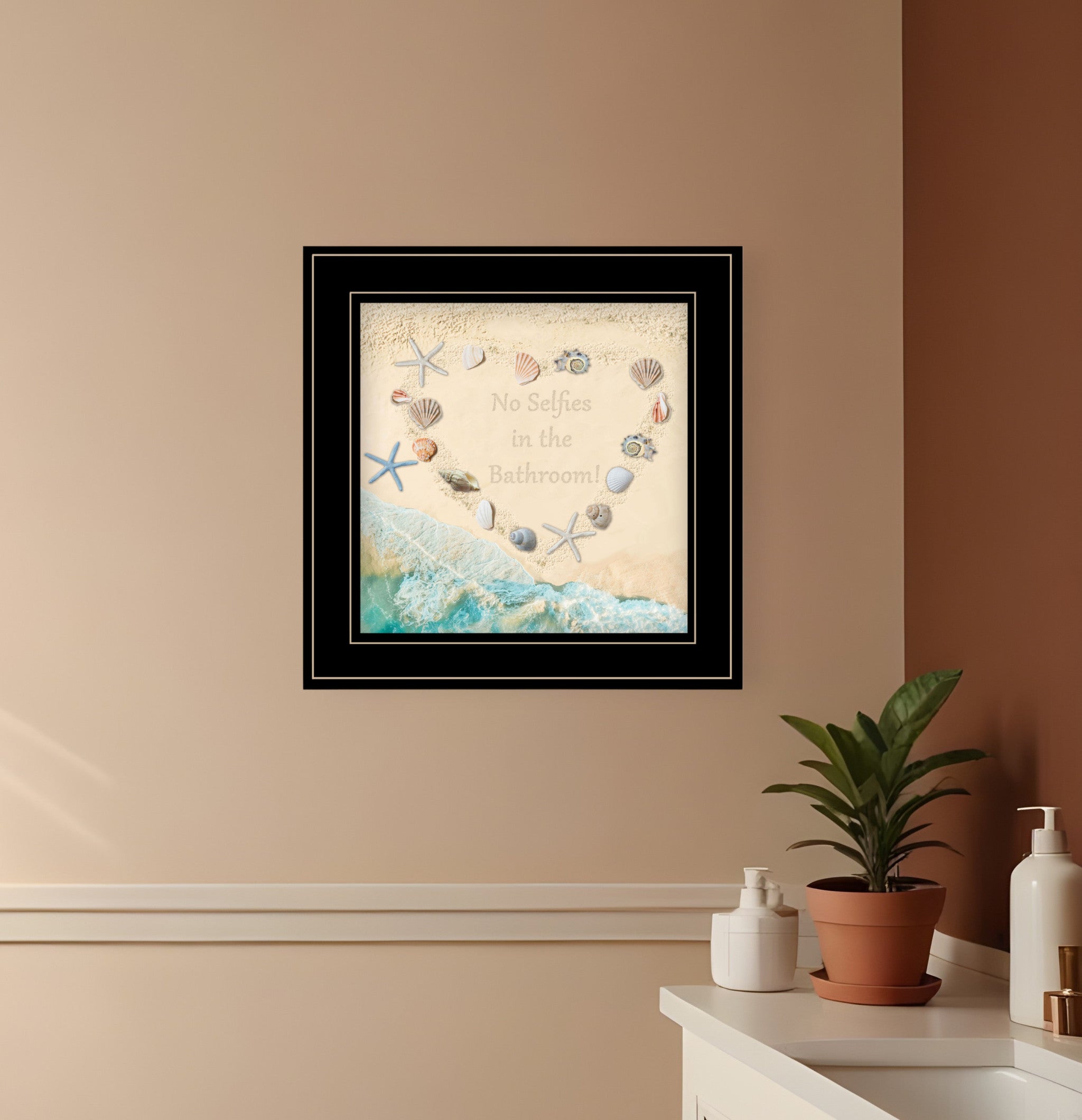 No Selfies in the Bathroom Sea 2 Black Framed Print Bathroom Wall Art-0