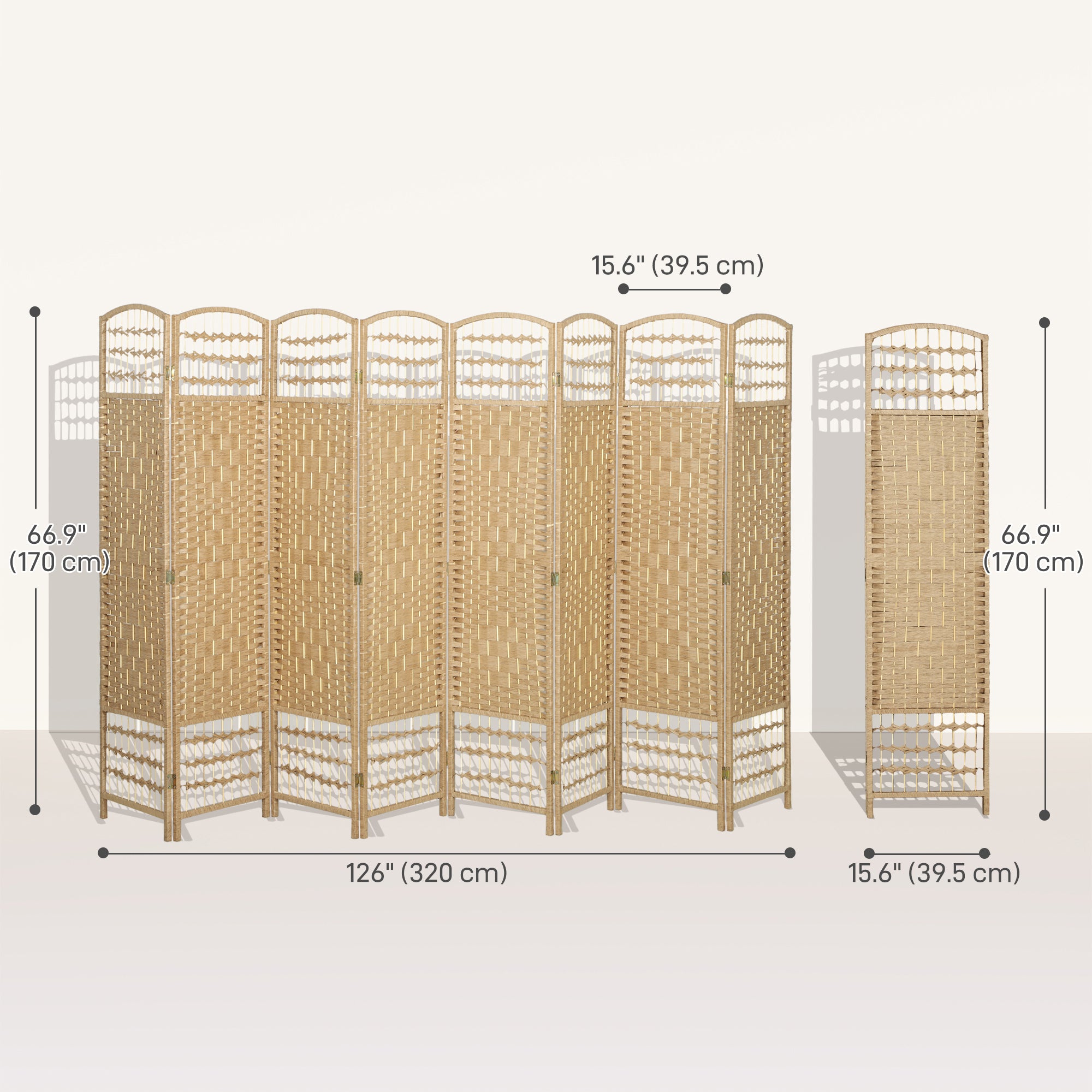 8 Panel Folding Room Divider, Portable Privacy Screen, Wave Fiber Room Partition for Home Office, Natural