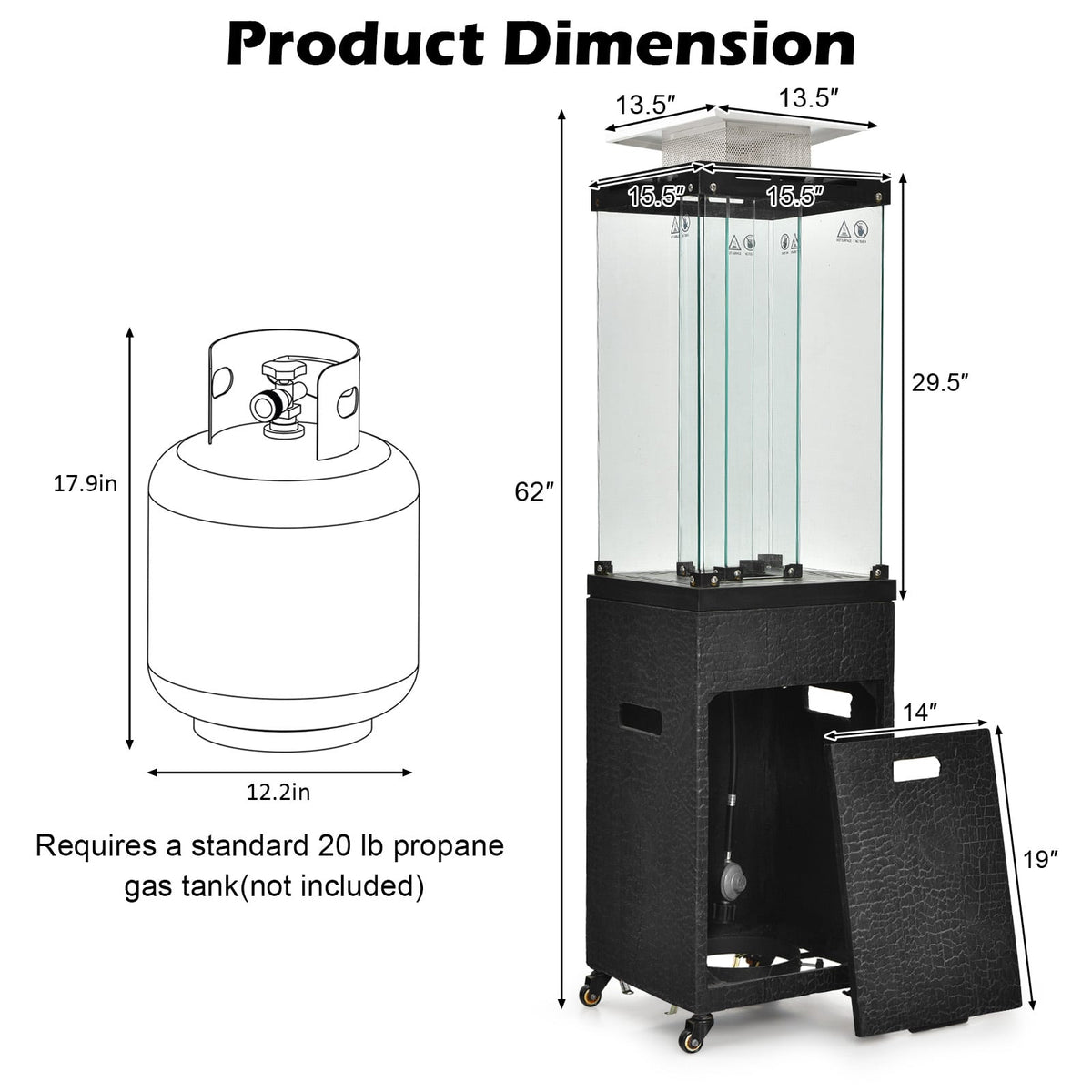 41 000 BTU Propane Patio Heater with Lockable Wheels-Black-Patio Heaters-DECOROLALA