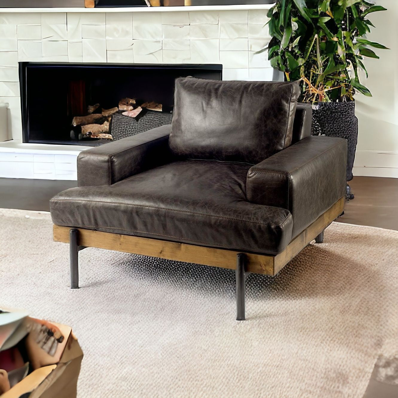 41" Black Faux Leather Distressed Club Chair-Accent Chairs-DECOROLALA