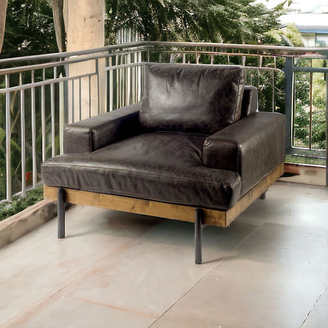 41" Black Faux Leather Distressed Club Chair-Accent Chairs-DECOROLALA