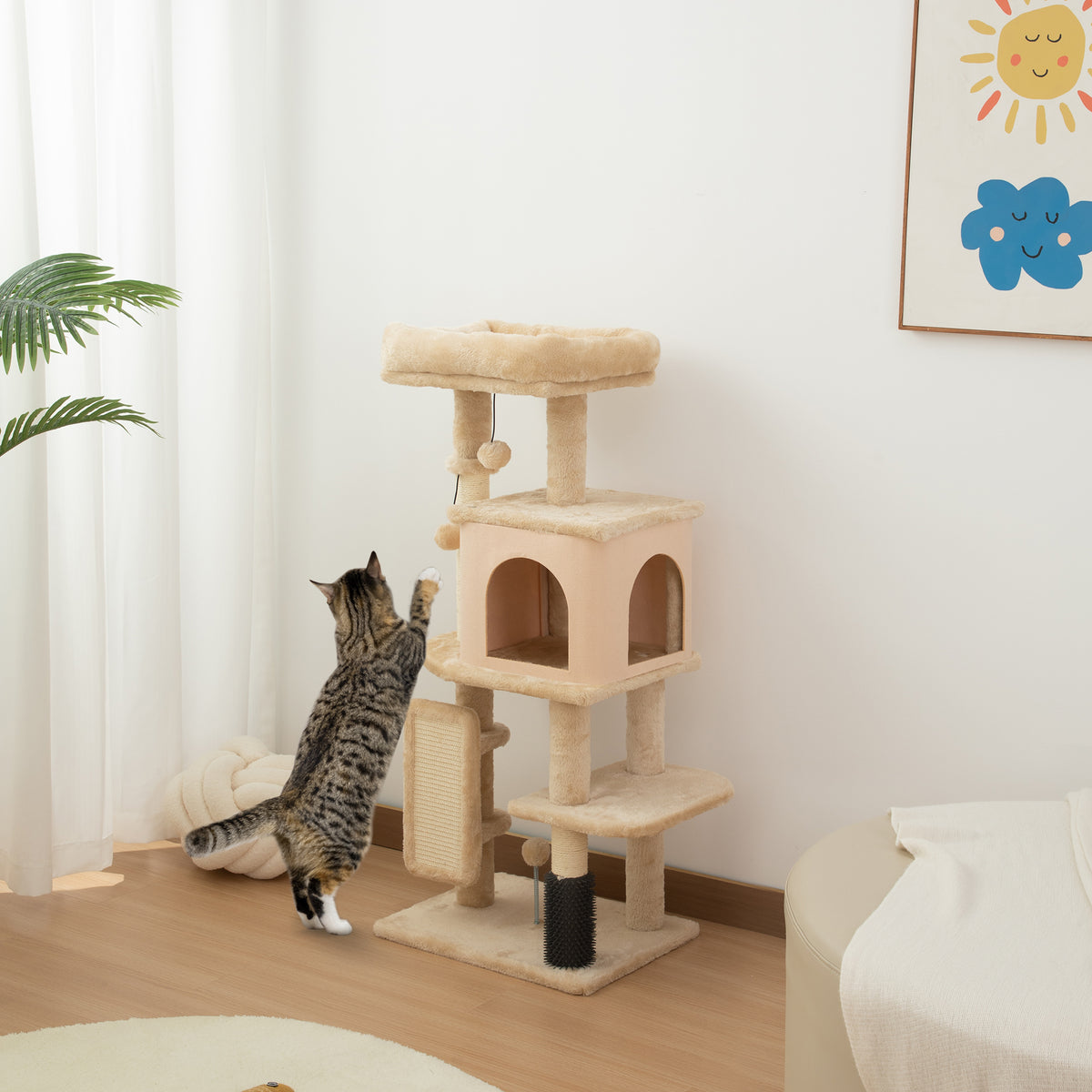 41" Cat Tree with Condo, Bed and Scratching Posts - Beige-Cat Supplies-DECOROLALA