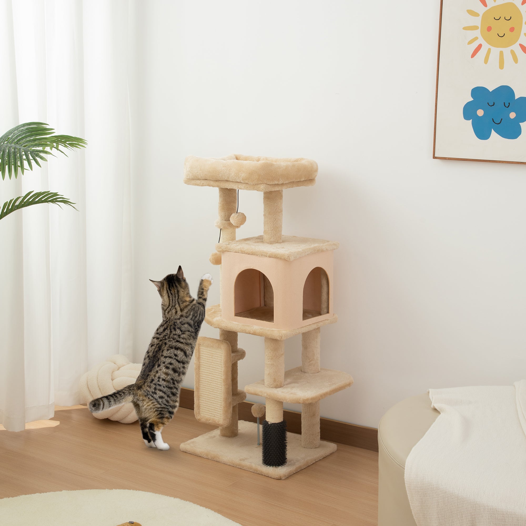 41" Cat Tree with Condo, Bed and Scratching Posts - Beige-Cats-DECOROLALA