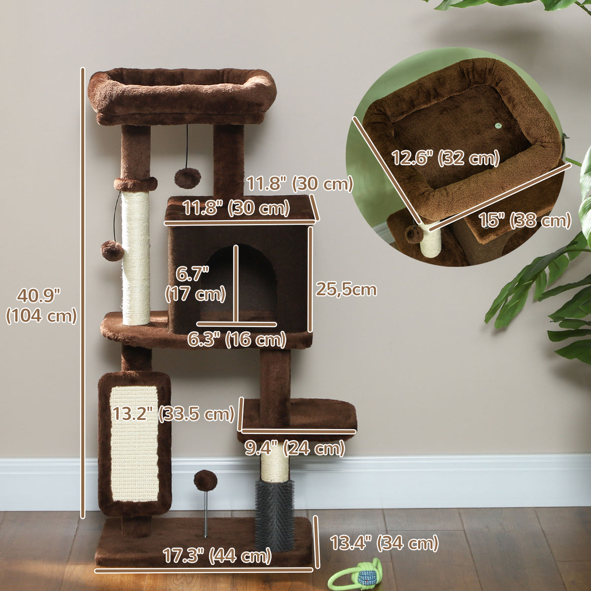 41" Cat Tree with Condo, Bed, and Scratching Posts - Brown-Cats-DECOROLALA
