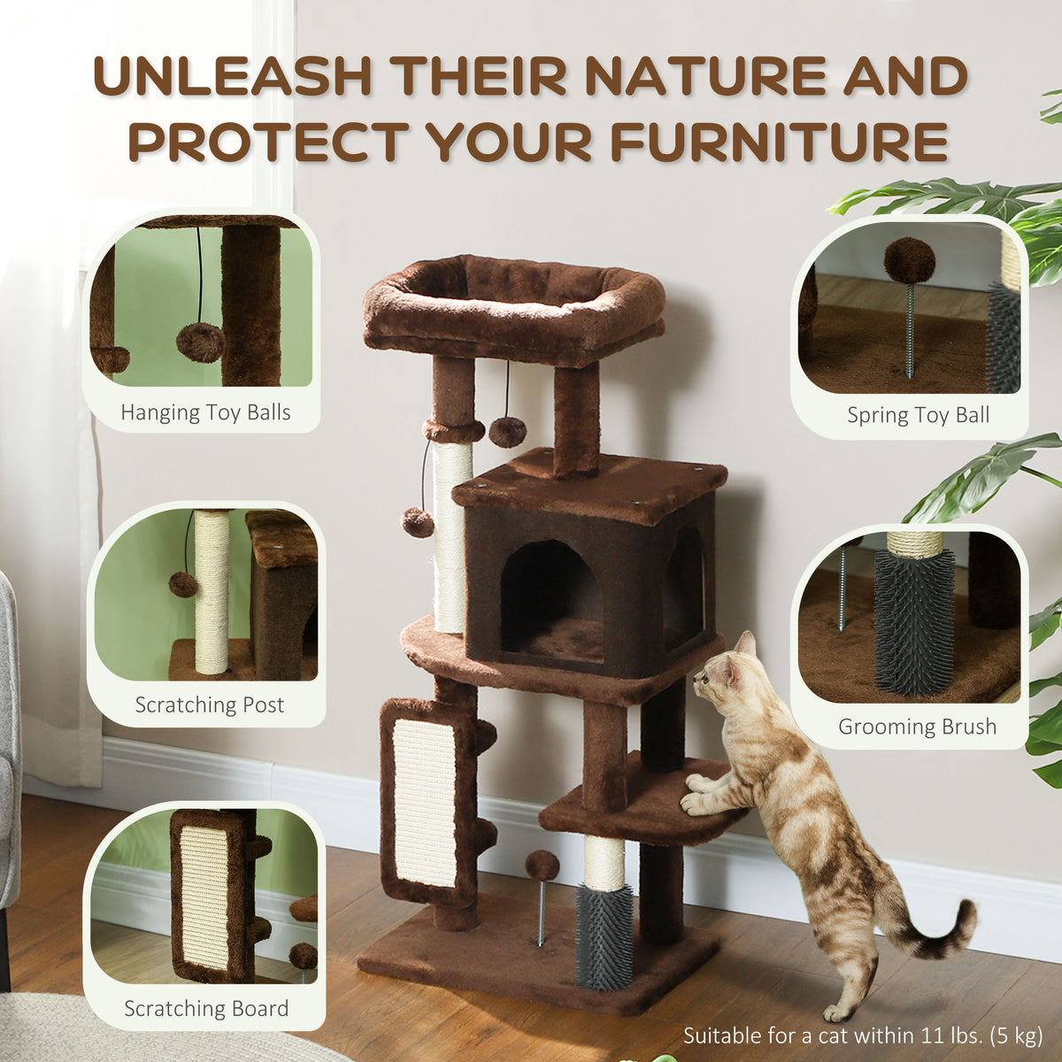 41" Cat Tree with Condo, Bed, and Scratching Posts - Brown-Cats-DECOROLALA
