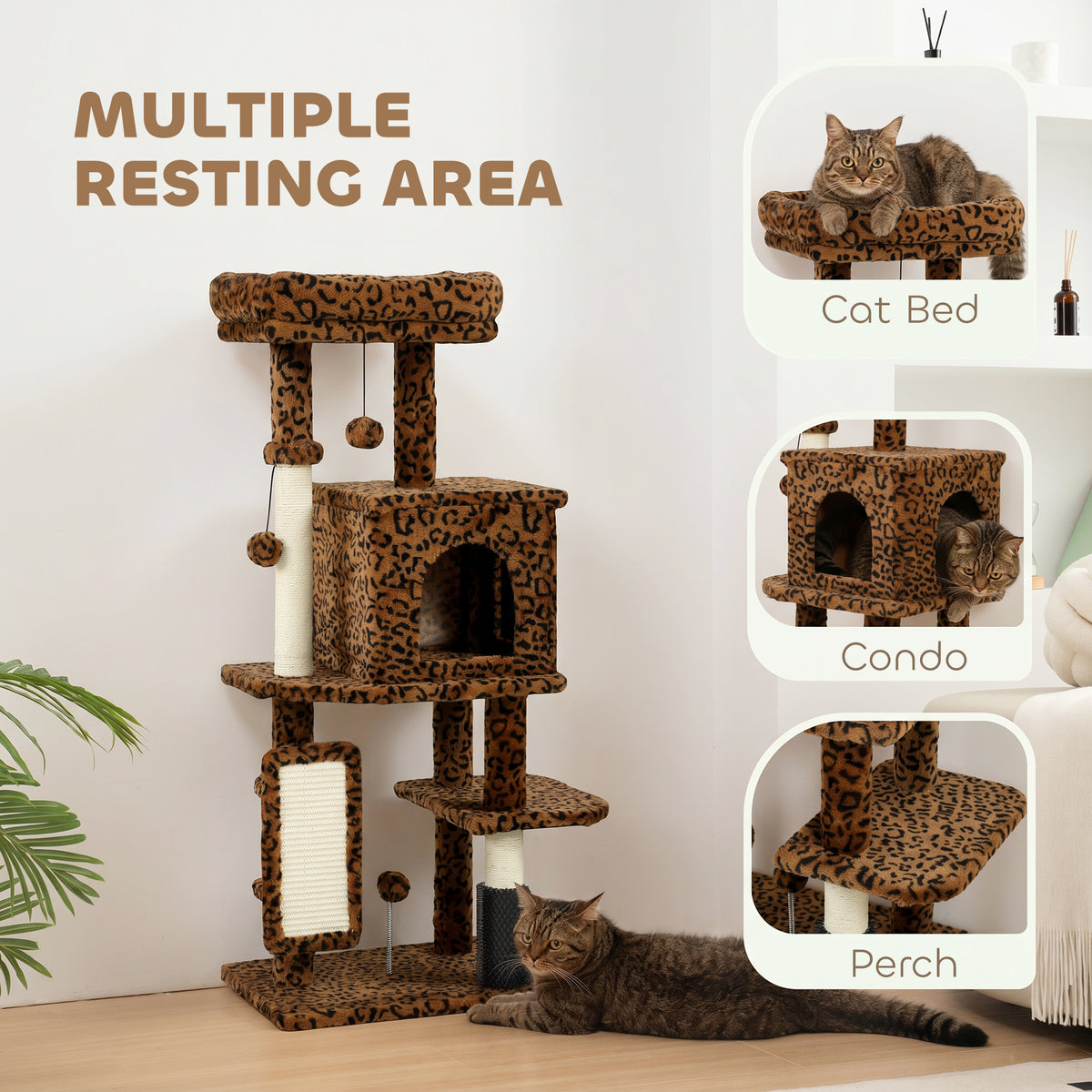 41" Cat Tree with Condo, Scratching Posts & Bed - Leopard Print-Cats-DECOROLALA