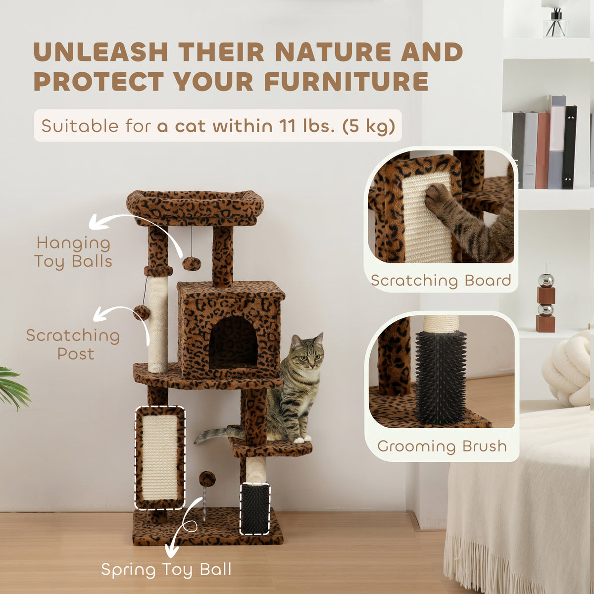 41" Cat Tree with Condo, Scratching Posts & Bed - Leopard Print-Cats-DECOROLALA