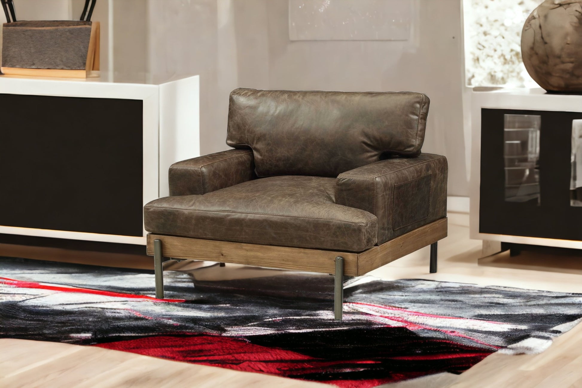 41" Chocolate and Gray Faux Leather Chair and a Half-Accent Chairs-DECOROLALA