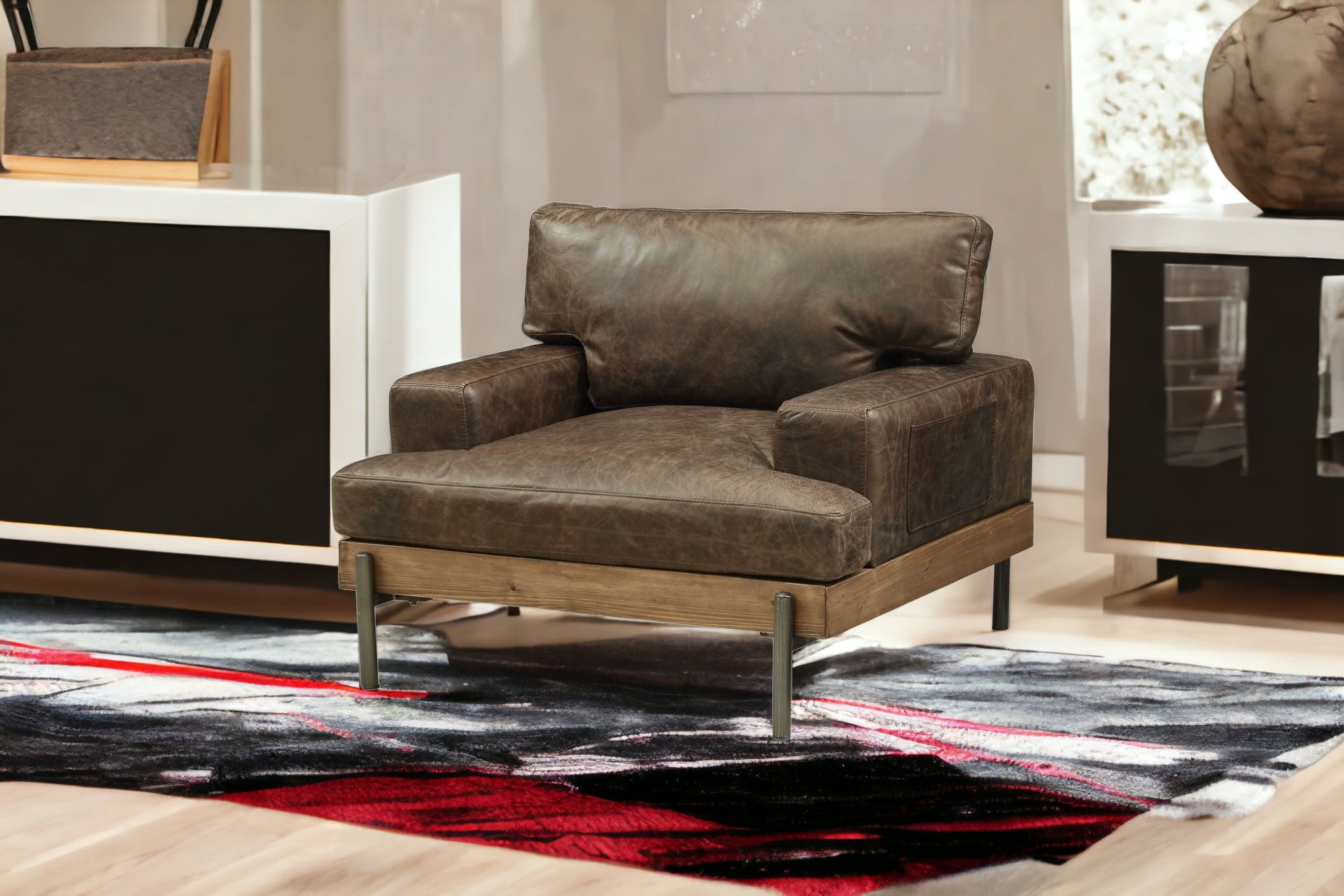 41" Chocolate and Gray Faux Leather Chair and a Half-Accent Chairs-DECOROLALA