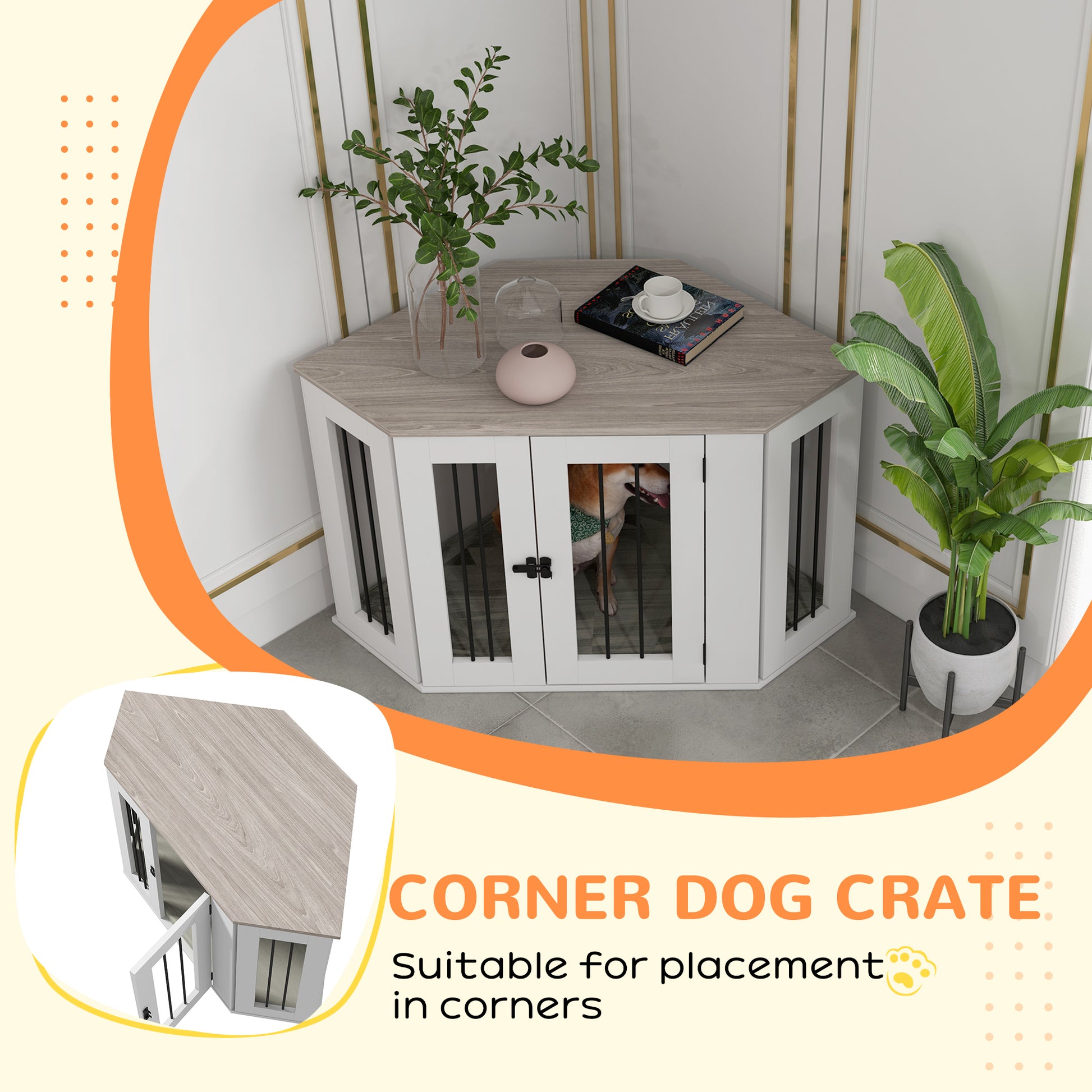 41" Corner Dog Crate End Table with Cushion - Walnut Brown-DECOROLALA