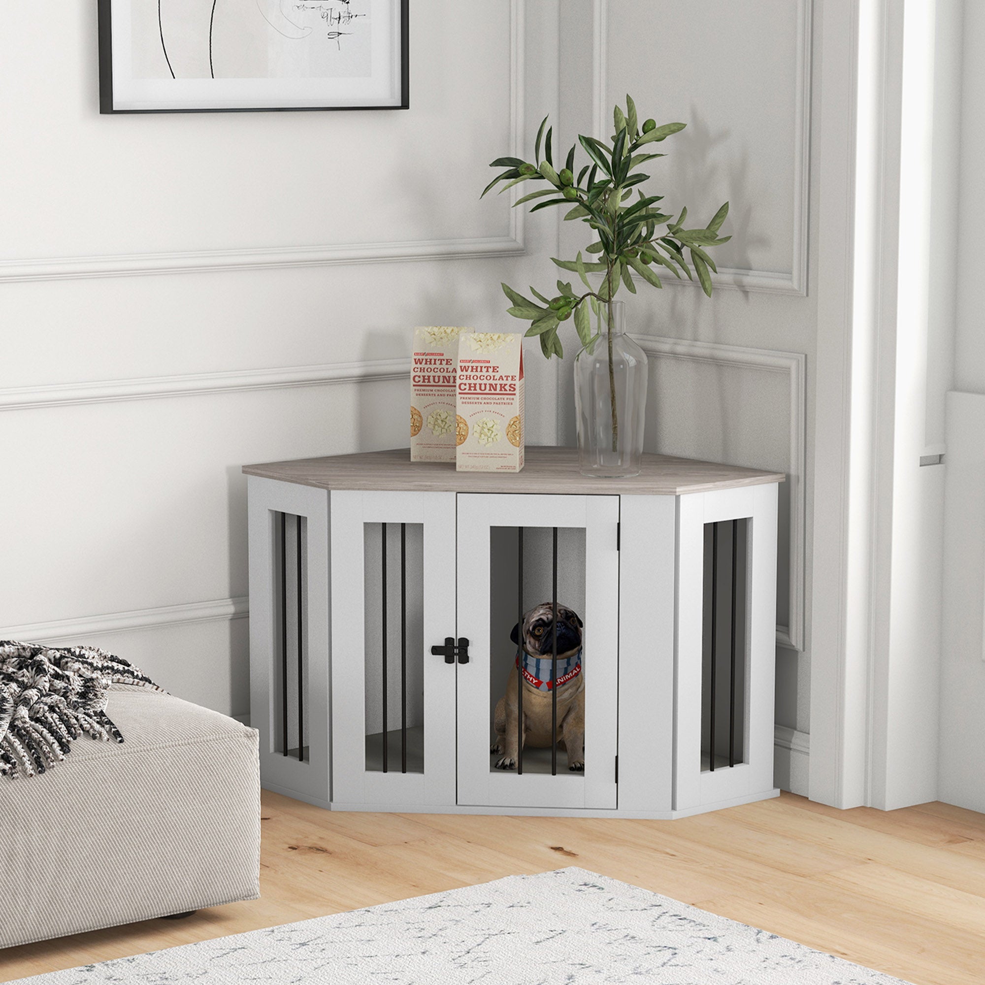 41" Corner Dog Crate End Table with Cushion - Walnut Brown-DECOROLALA