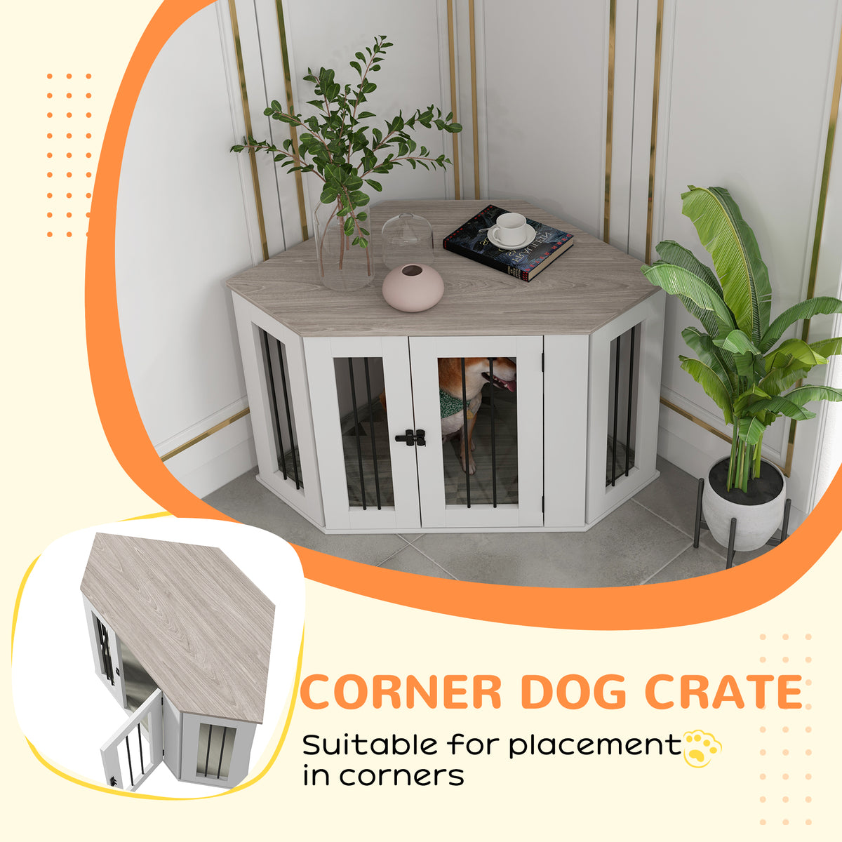 41" Corner Dog Crate Furniture End Table with Cushion-Dog Supplies-DECOROLALA
