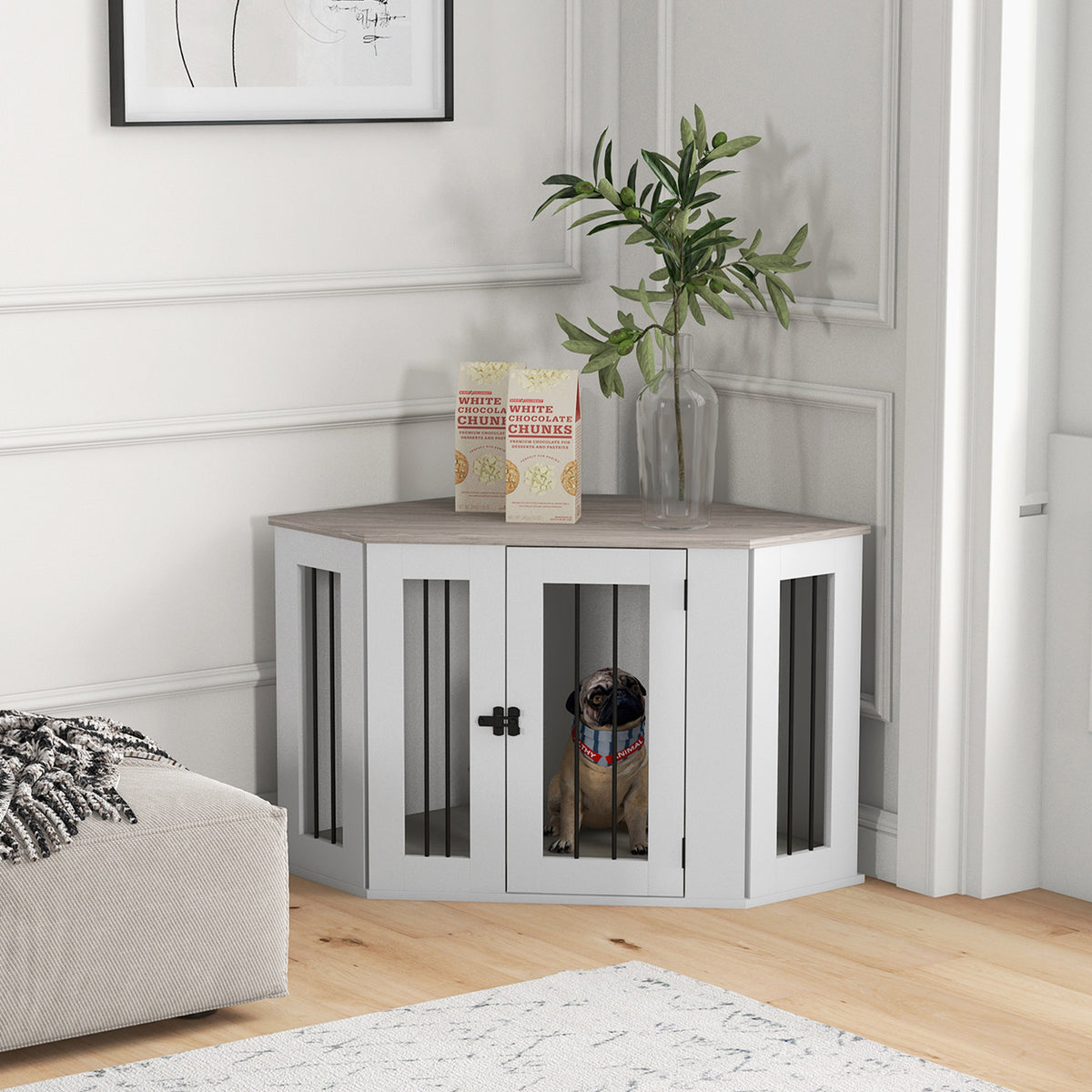41" Corner Dog Crate Furniture End Table with Cushion-Dog Supplies-DECOROLALA