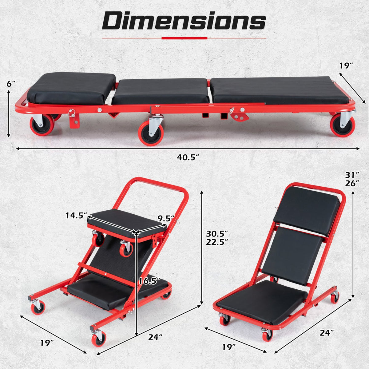 41" Foldable Mechanic Creeper with 450 LBS Capacity-Red-Garages-DECOROLALA