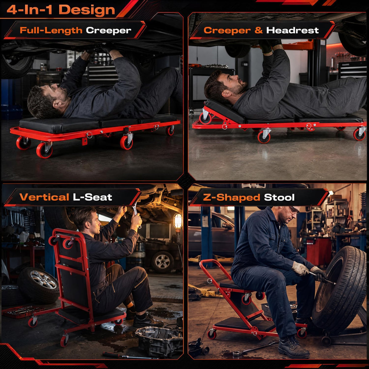 41" Foldable Mechanic Creeper with 450 LBS Capacity-Red-Garages-DECOROLALA