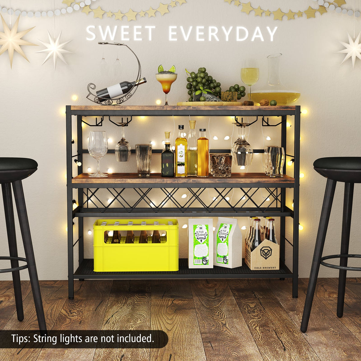 41 Inch 4-Tier Bar Table with Wine Rack and 4 Rows of Glass Holders-Rustic Brown-Wine Racks-DECOROLALA