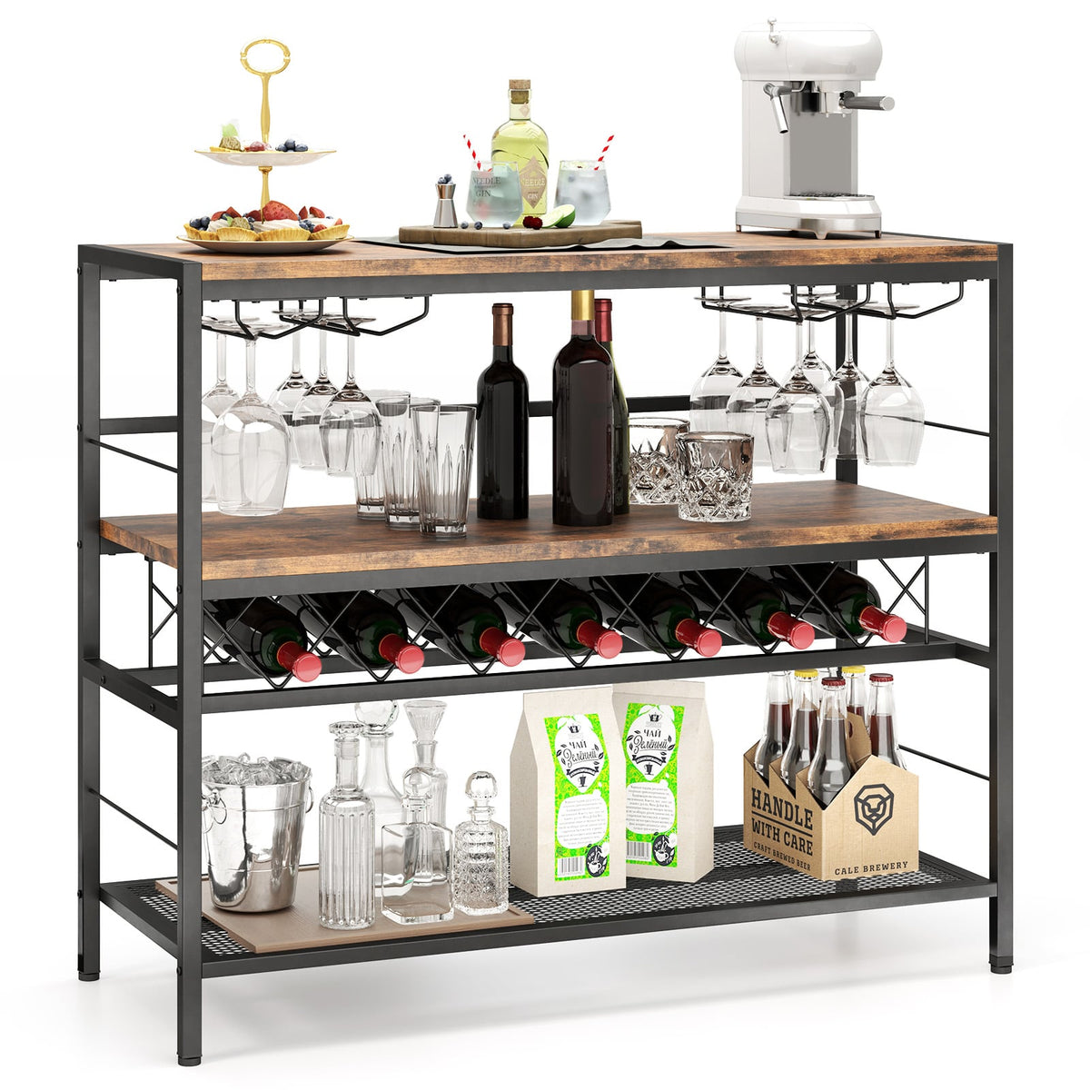 41 Inch 4-Tier Bar Table with Wine Rack and 4 Rows of Glass Holders-Rustic Brown-Wine Racks-DECOROLALA