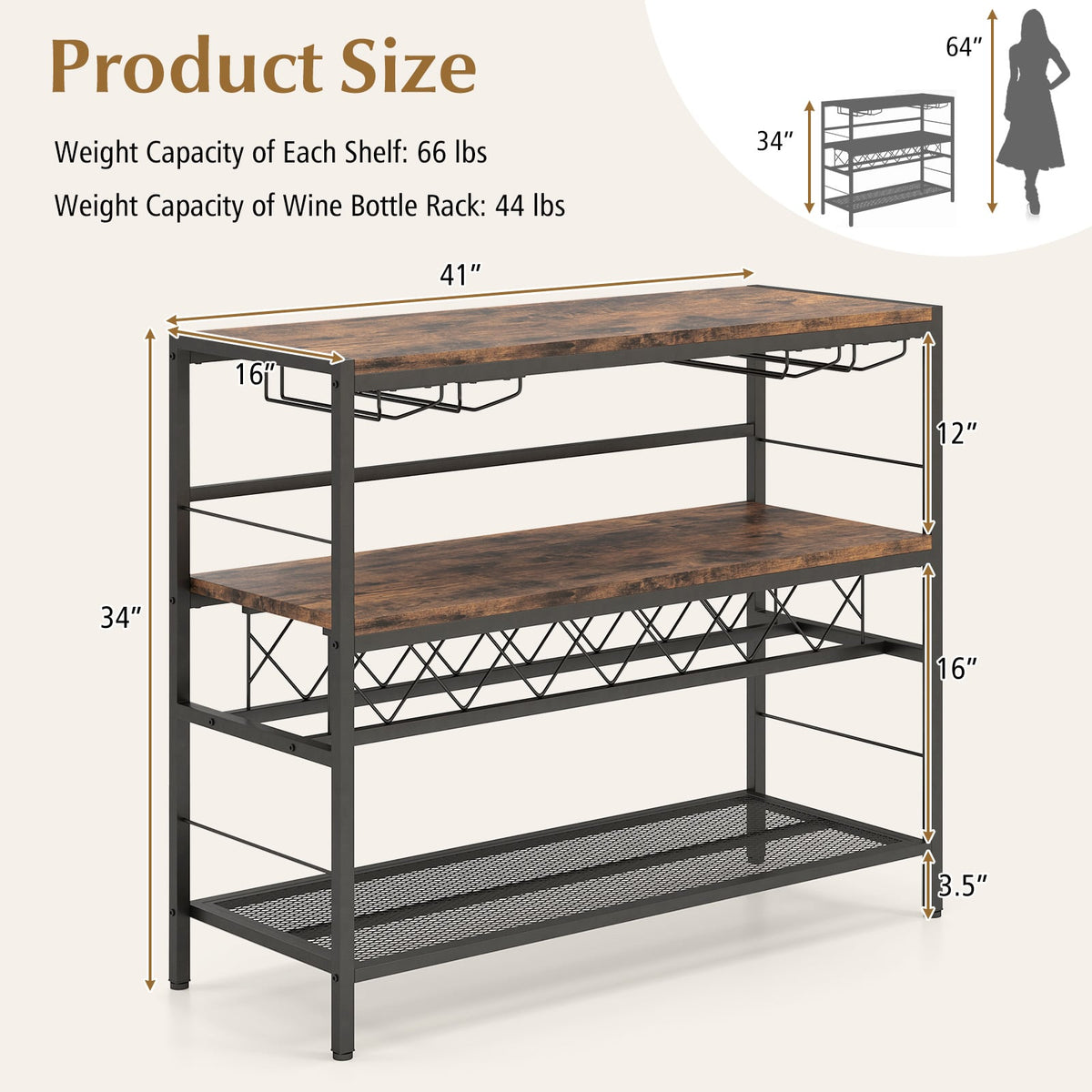 41 Inch 4-Tier Bar Table with Wine Rack and 4 Rows of Glass Holders-Rustic Brown-Wine Racks-DECOROLALA