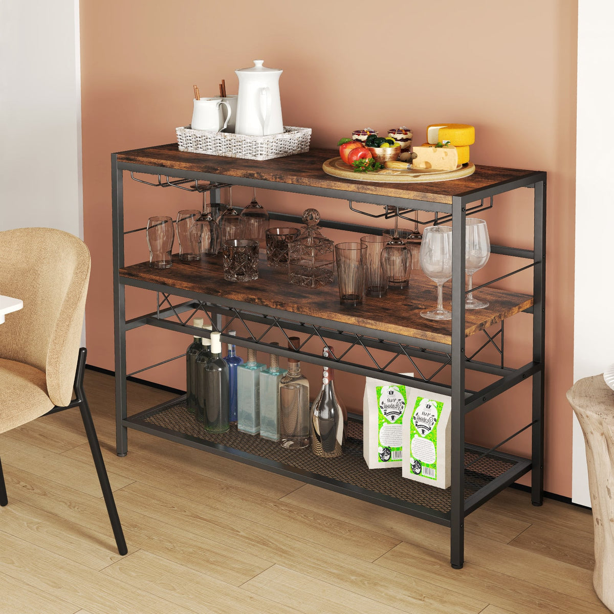 41 Inch 4-Tier Bar Table with Wine Rack and 4 Rows of Glass Holders-Rustic Brown-Wine Racks-DECOROLALA