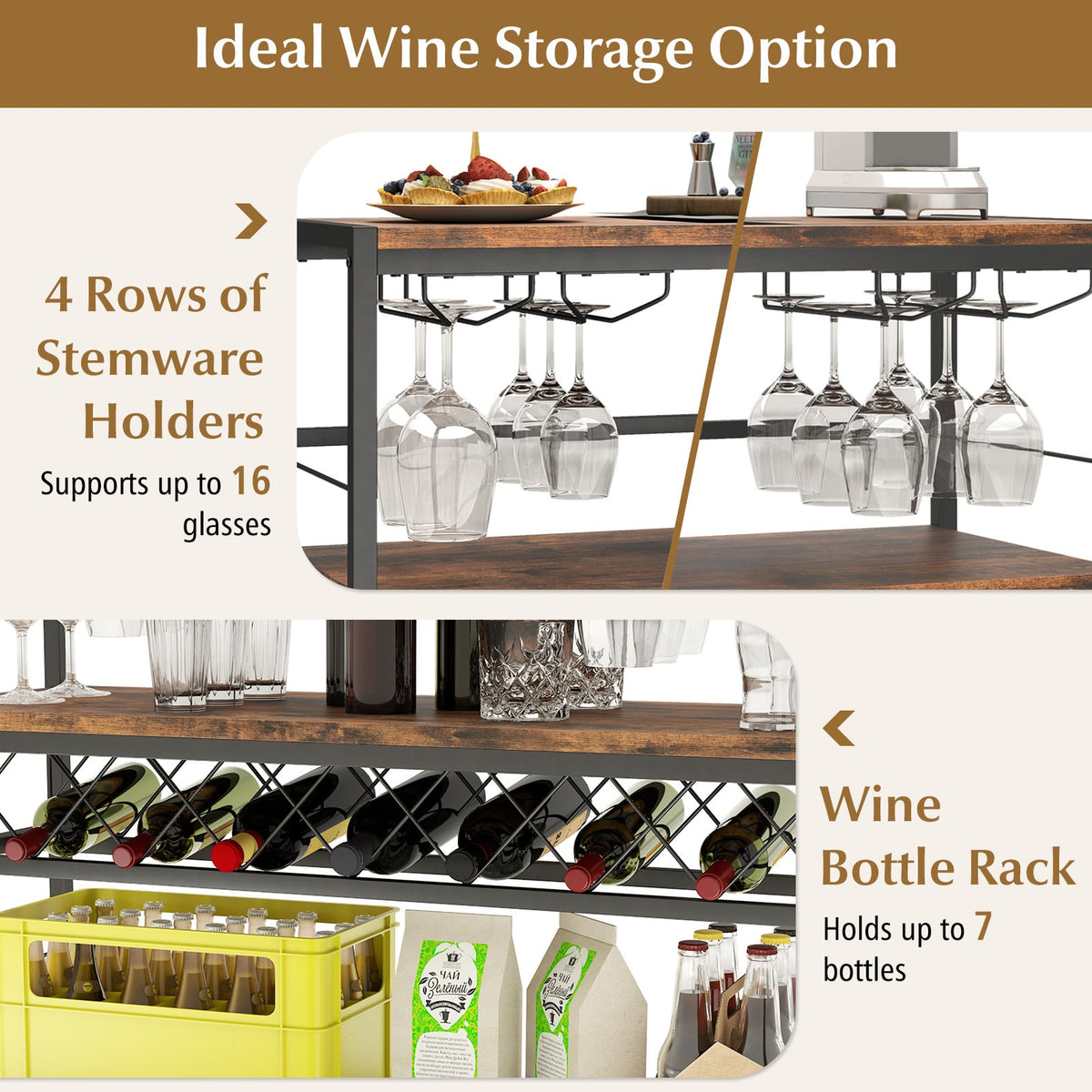 41 Inch 4-Tier Bar Table with Wine Rack and 4 Rows of Glass Holders-Rustic Brown-Wine Racks-DECOROLALA
