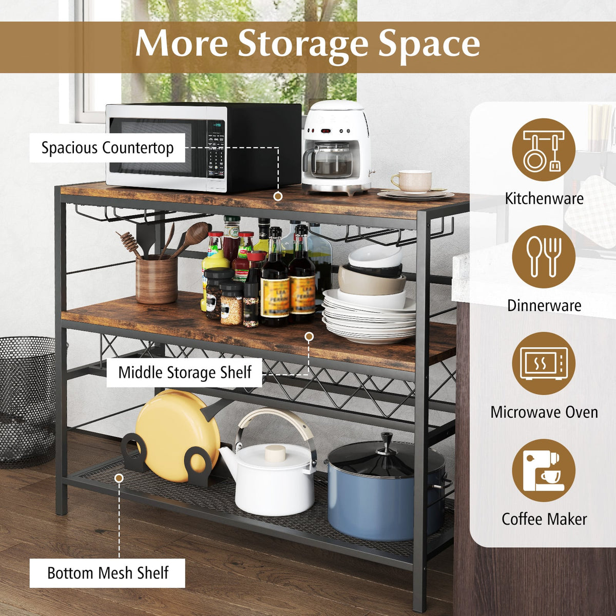 41 Inch 4-Tier Bar Table with Wine Rack and 4 Rows of Glass Holders-Rustic Brown-Wine Racks-DECOROLALA