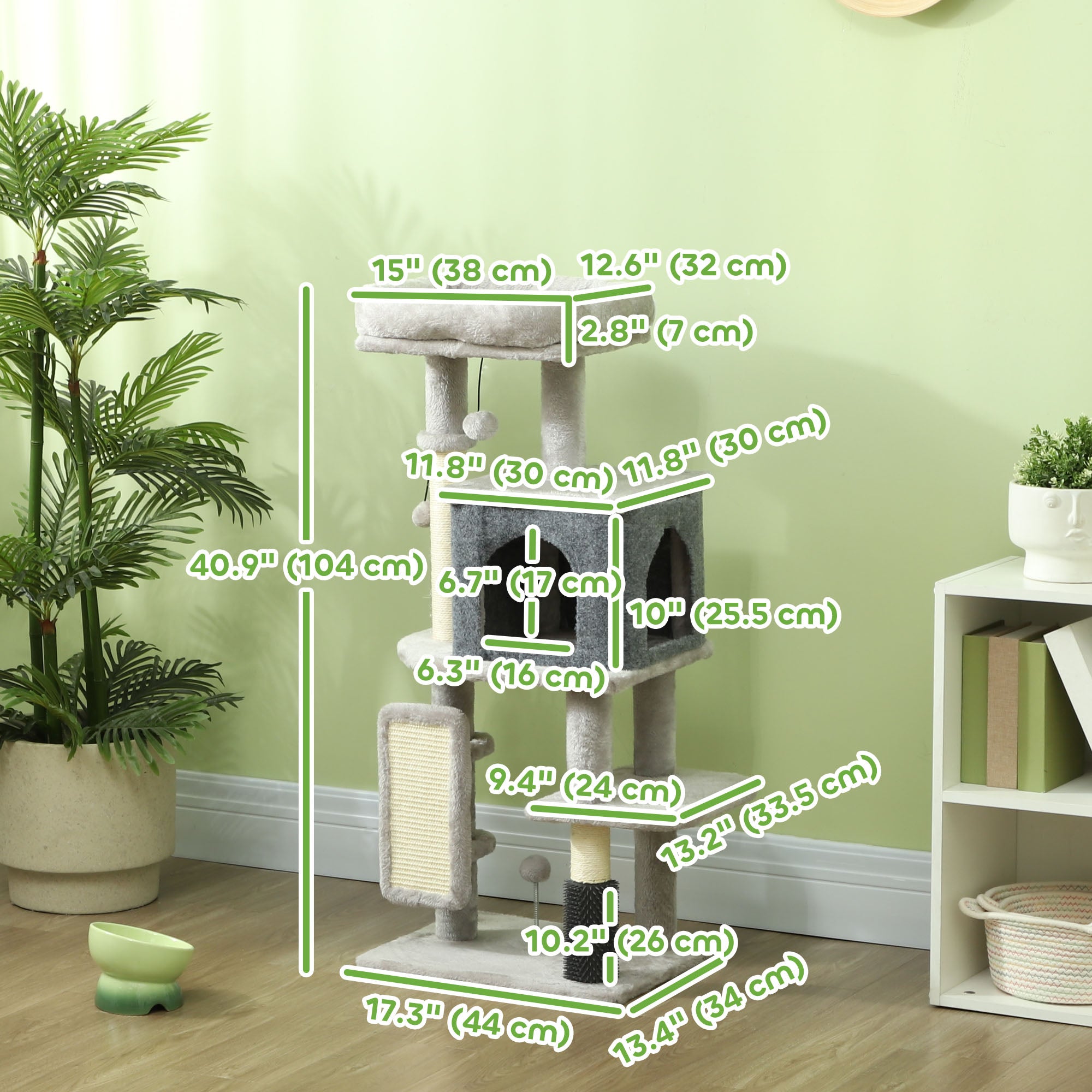 41 Inch Cat Tree with Scratching Posts, Cat Bed, Condo, Grooming Brush, Jumping Platforms, Toy Balls, Anti-tip Kit-Cats-DECOROLALA