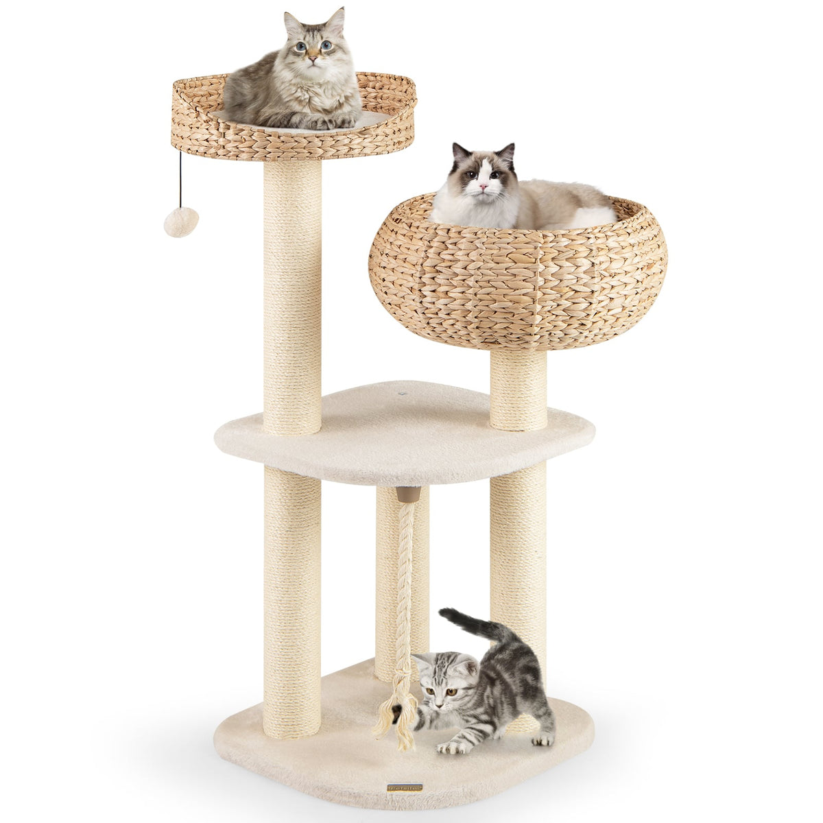 41 Inch Rattan Cat Tree with Napping Perch-White-Cat Trees & Scratchers-DECOROLALA