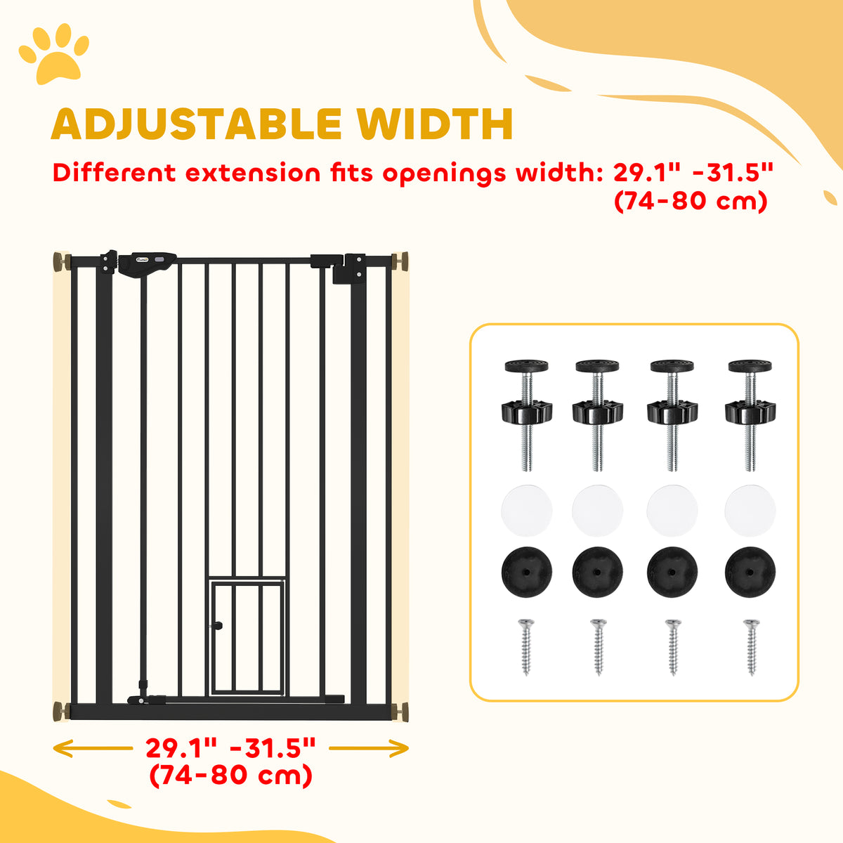 41" Indoor Steel Dog Gate - Black 29"-31.5" Wide with Cat Door-Dogs-DECOROLALA