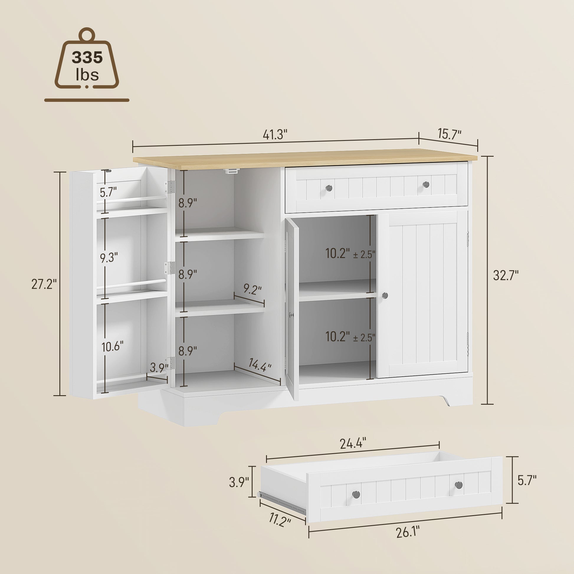 41" Kitchen Buffet Cabinet - Modern Sideboard with Adjustable Shelf, White-DECOROLALA