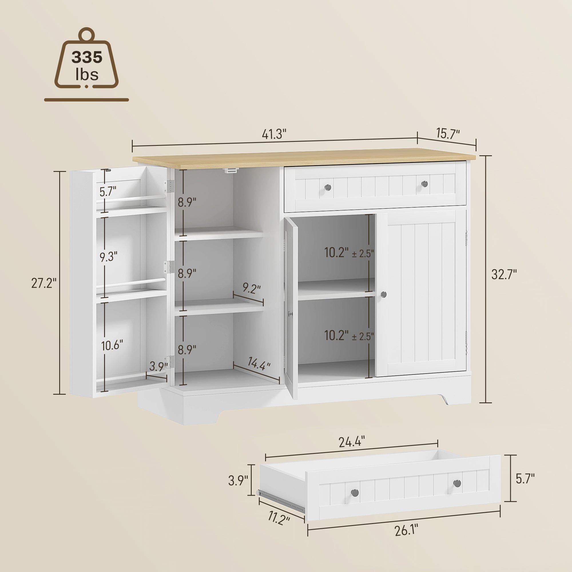 41" Kitchen Buffet Cabinet - Modern Sideboard with Adjustable Shelf, White-DECOROLALA