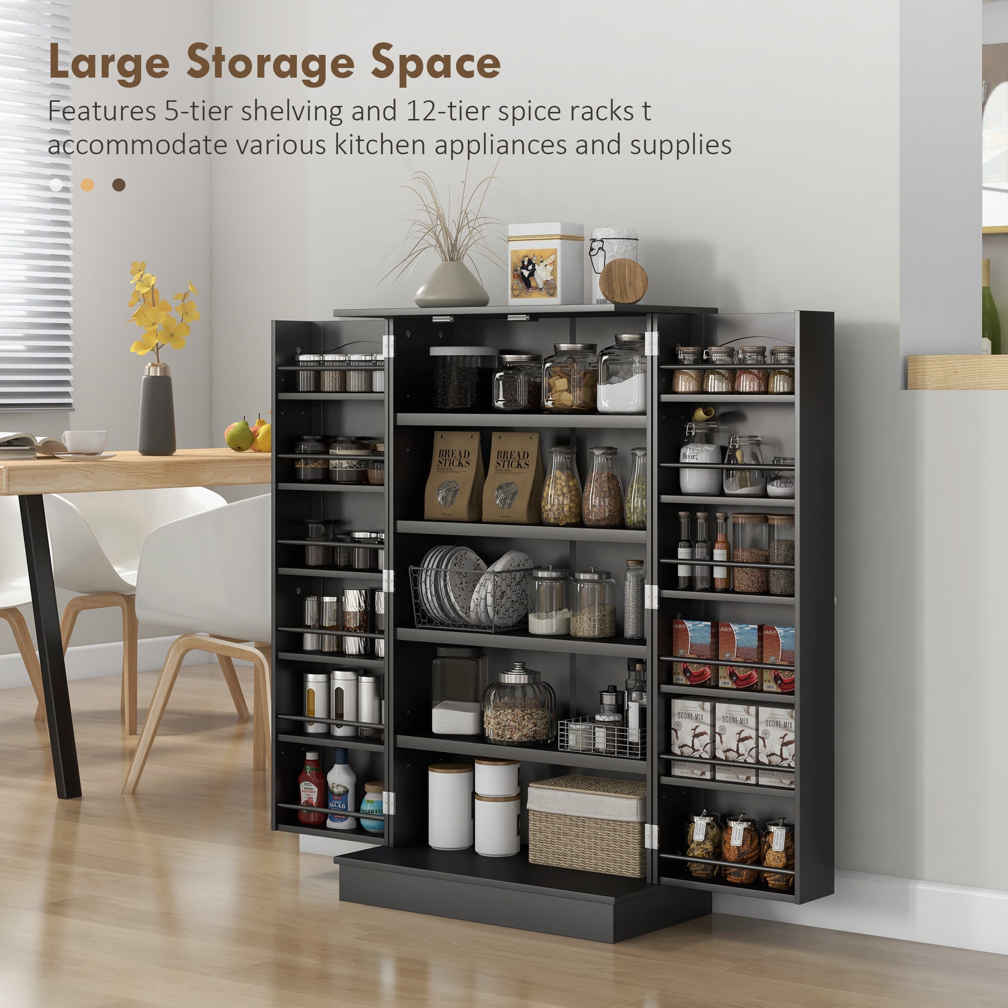 41" Kitchen Pantry Cabinet with 5-tier Shelving, 12 Spice Racks, Anti-Tipping, 2-Door Storage Cabinet with 3-Level Adjustable Shelves, Black-Home Furnishings > Storage & Organization > Kitchen Pantry Cabinets-DECOROLALA