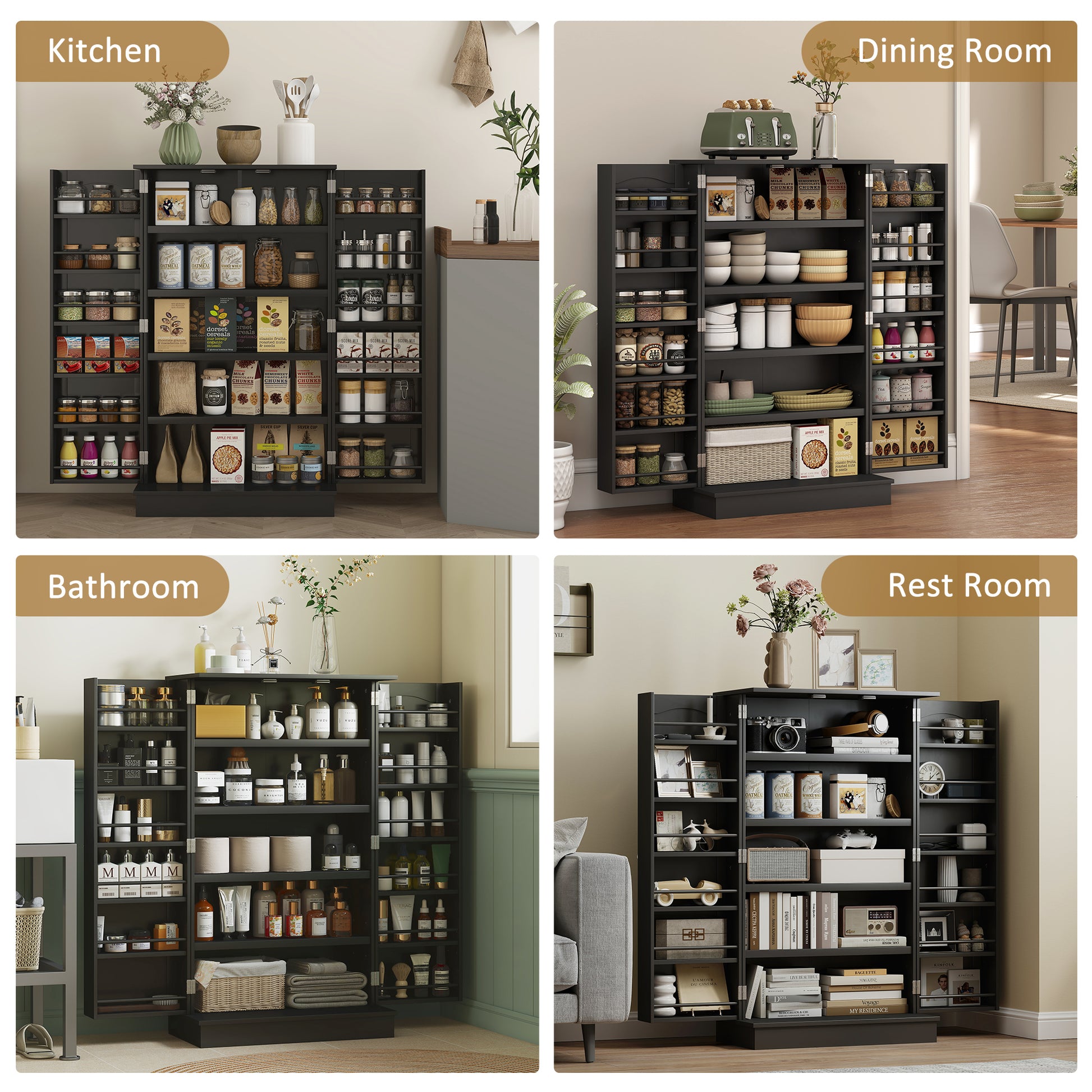41" Kitchen Pantry Cabinet with 5-tier Shelving, 12 Spice Racks, Anti-Tipping, 2-Door Storage Cabinet with 3-Level Adjustable Shelves, Black-Home Furnishings > Storage & Organization > Kitchen Pantry Cabinets-DECOROLALA
