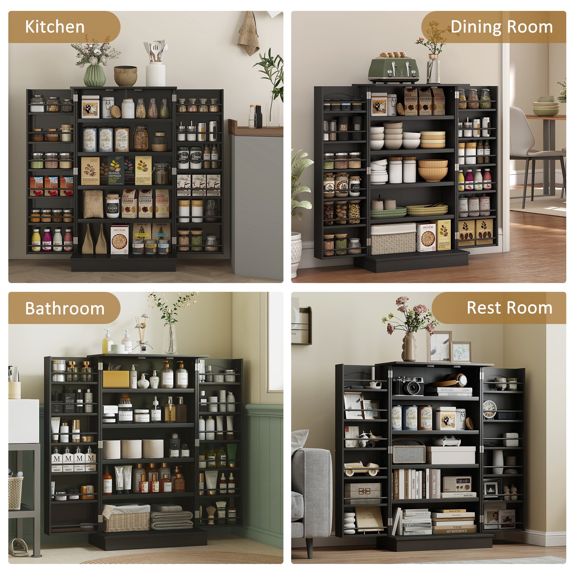 41" Kitchen Pantry Cabinet with 5-tier Shelving, 12 Spice Racks, Anti-Tipping, 2-Door Storage Cabinet with 3-Level Adjustable Shelves, Black-Home Furnishings > Storage & Organization > Kitchen Pantry Cabinets-DECOROLALA