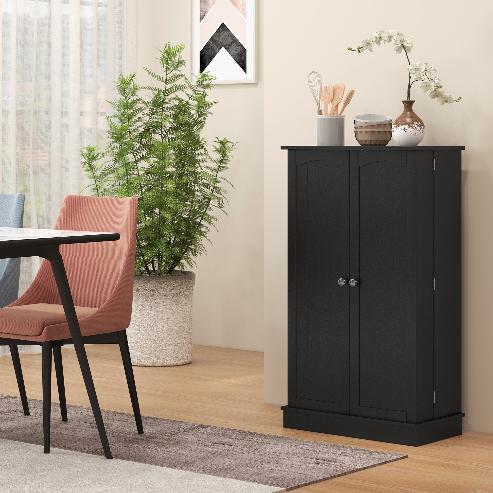 41" Kitchen Pantry Cabinet with 5-tier Shelving, 12 Spice Racks, Anti-Tipping, 2-Door Storage Cabinet with 3-Level Adjustable Shelves, Black-Home Furnishings > Storage & Organization > Kitchen Pantry Cabinets-DECOROLALA