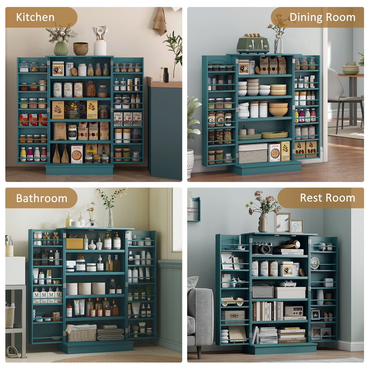 41" Kitchen Pantry Storage Cabinet - 2-Door Teal Blue MDF-Home Furnishings > Storage & Organization > Kitchen Pantry Cabinets-DECOROLALA